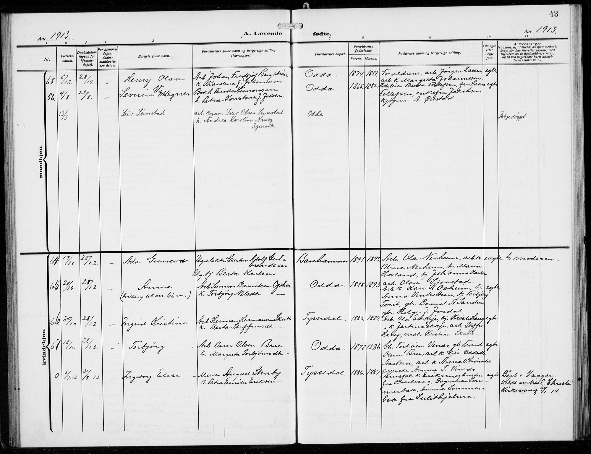 Odda Sokneprestembete, SAB/A-77201/H/Hab: Parish register (copy) no. B  2, 1910-1923, p. 43