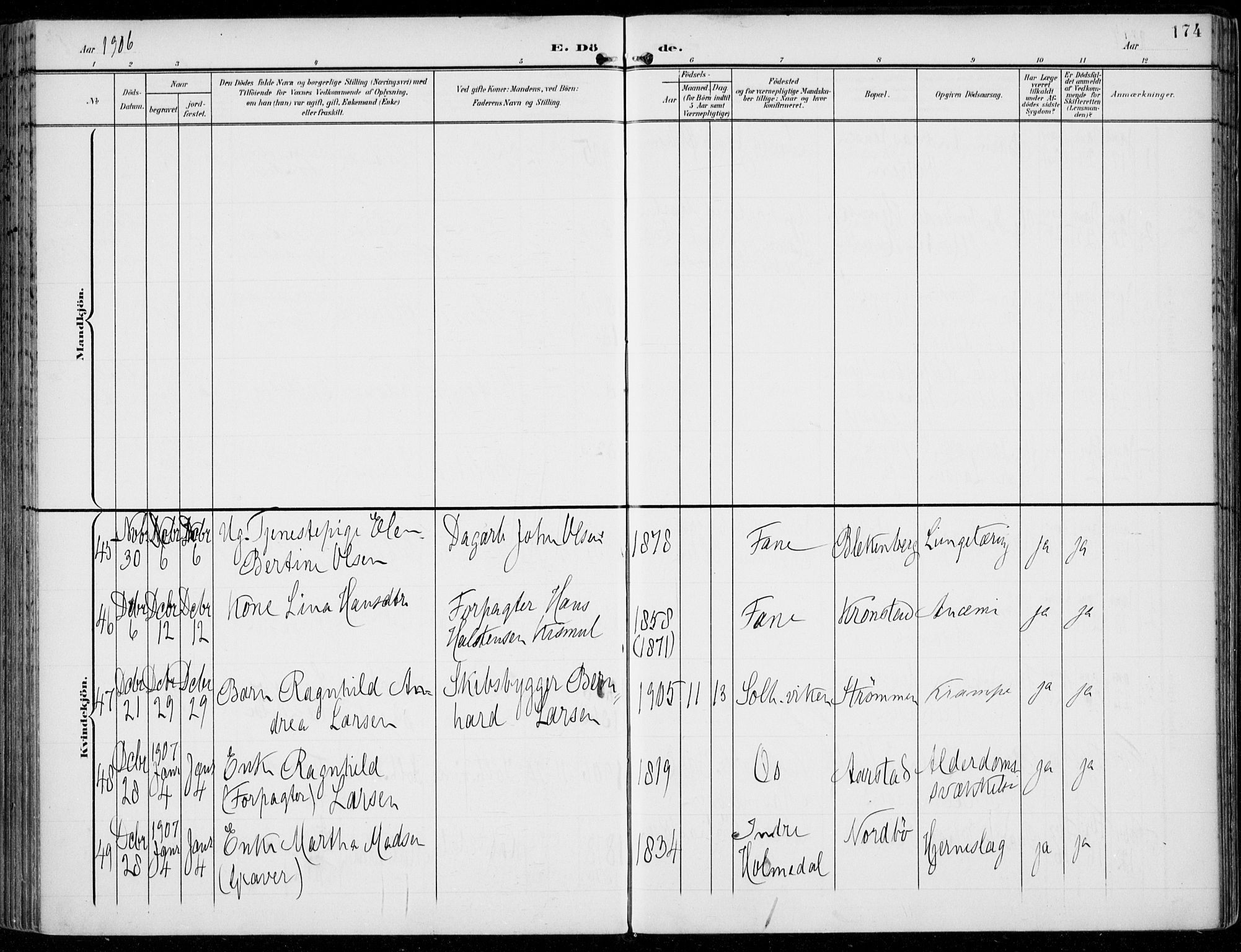 Årstad Sokneprestembete, AV/SAB-A-79301/H/Haa/L0009: Parish register (official) no. C 1, 1902-1918, p. 174