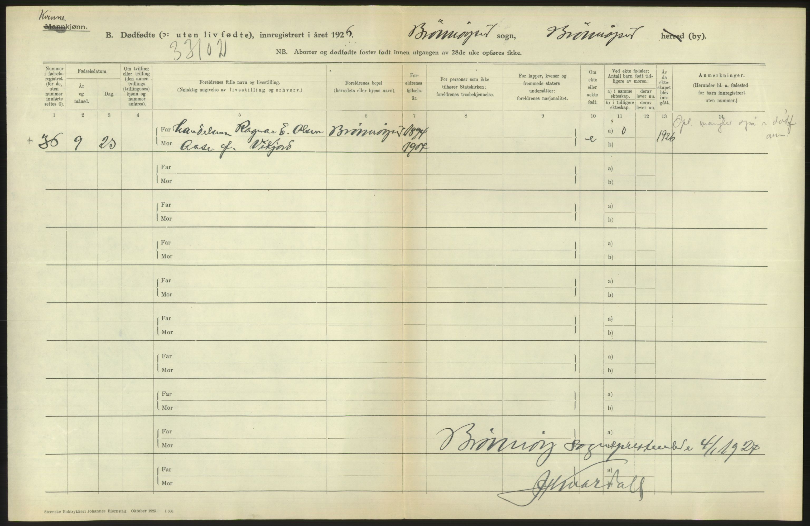 Statistisk sentralbyrå, Sosiodemografiske emner, Befolkning, AV/RA-S-2228/D/Df/Dfc/Dfcf/L0040: Nordland fylke: Levendefødte menn og kvinner. Byer, samt gifte, dødfødte. Bygder og byer., 1926, p. 422