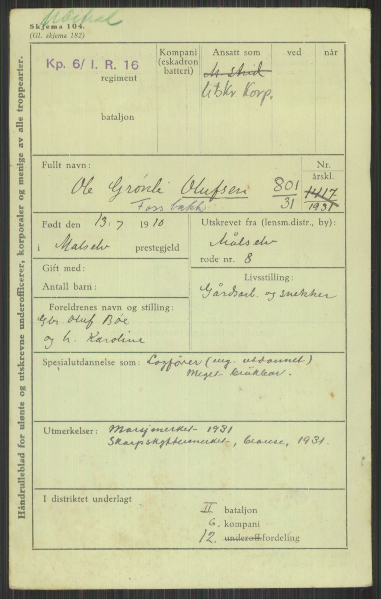 Forsvaret, Troms infanteriregiment nr. 16, AV/RA-RAFA-3146/P/Pa/L0015: Rulleblad for regimentets menige mannskaper, årsklasse 1931, 1931, p. 915