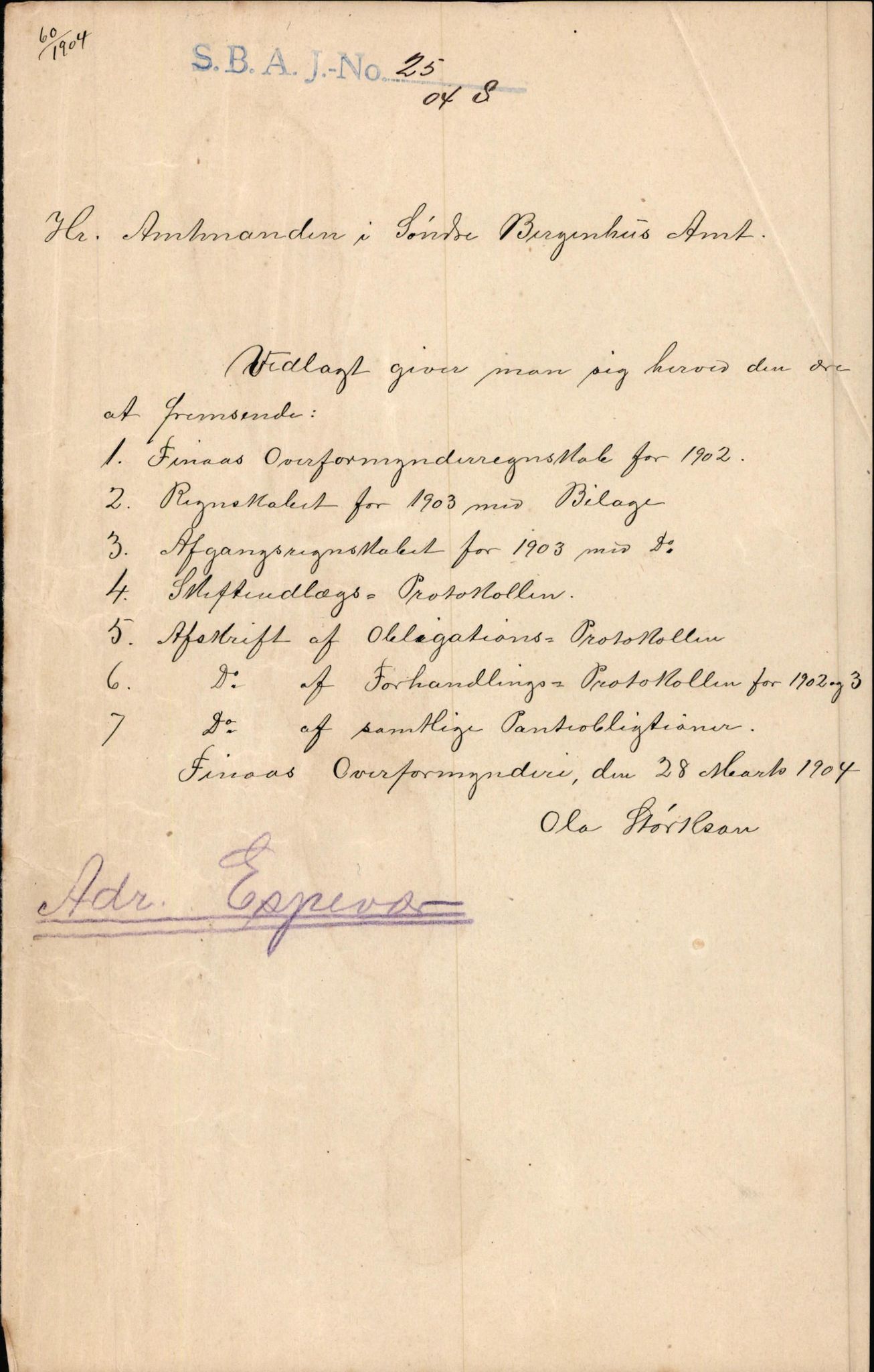 Finnaas kommune. Overformynderiet, IKAH/1218a-812/D/Da/Daa/L0002/0003: Kronologisk ordna korrespondanse / Kronologisk ordna korrespondanse, 1905-1909, p. 60