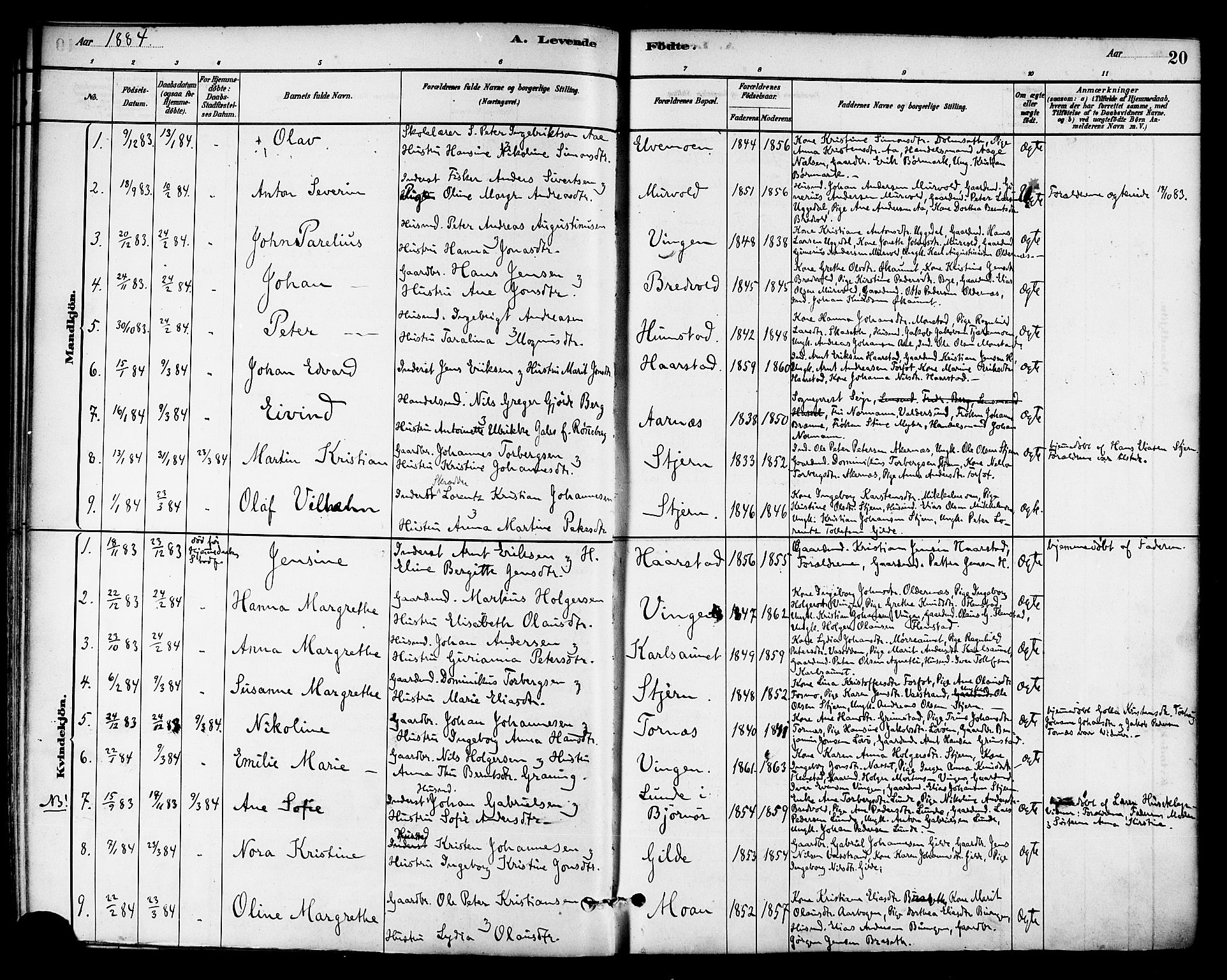 Ministerialprotokoller, klokkerbøker og fødselsregistre - Sør-Trøndelag, SAT/A-1456/655/L0680: Parish register (official) no. 655A09, 1880-1894, p. 20