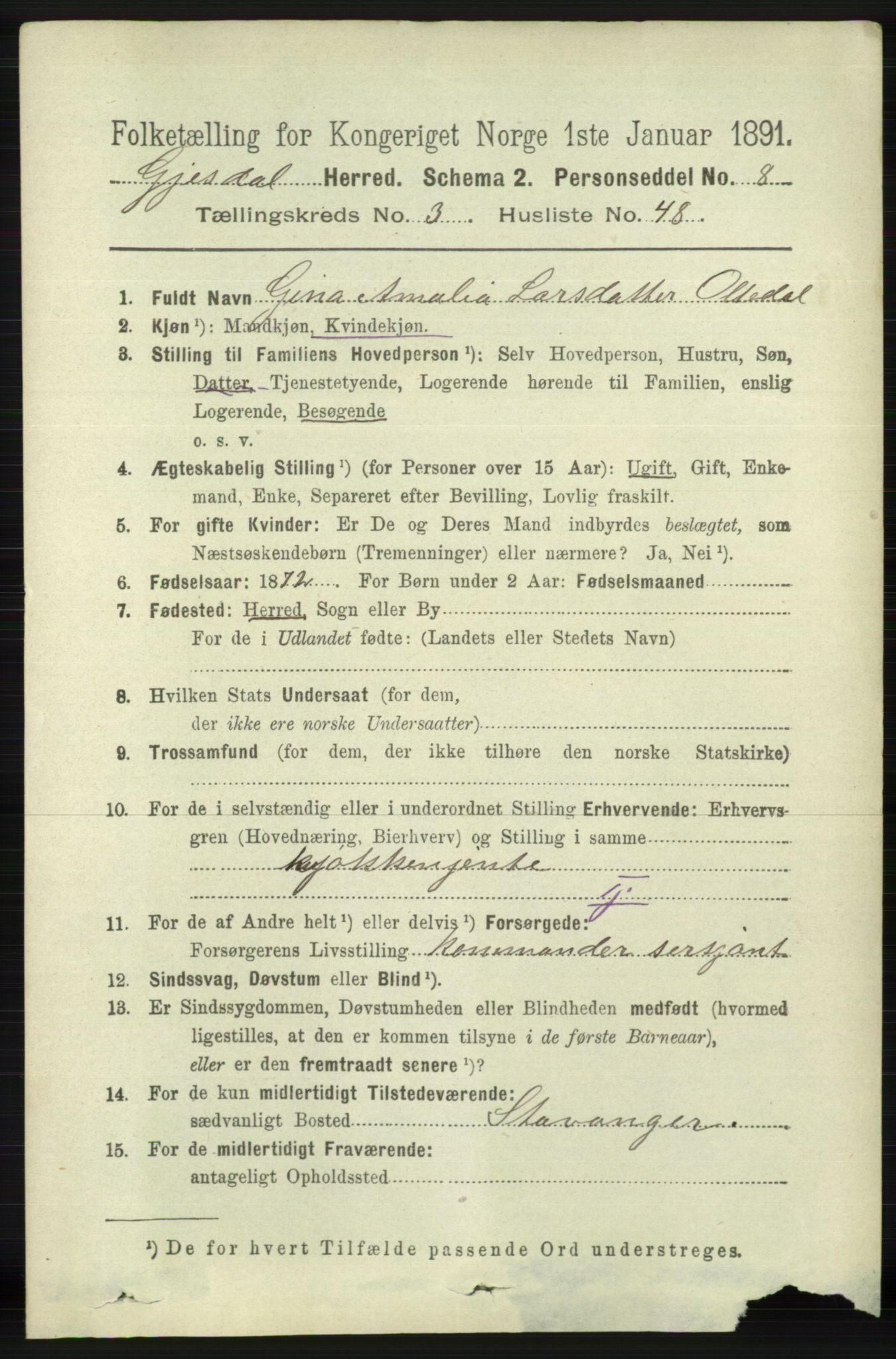 RA, 1891 census for 1122 Gjesdal, 1891, p. 1137