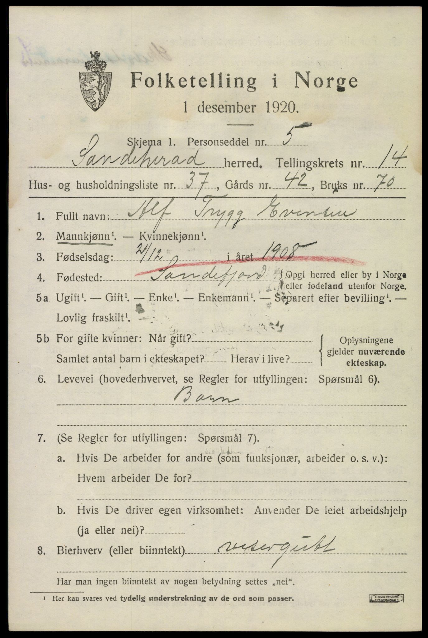 SAKO, 1920 census for Sandeherred, 1920, p. 20688