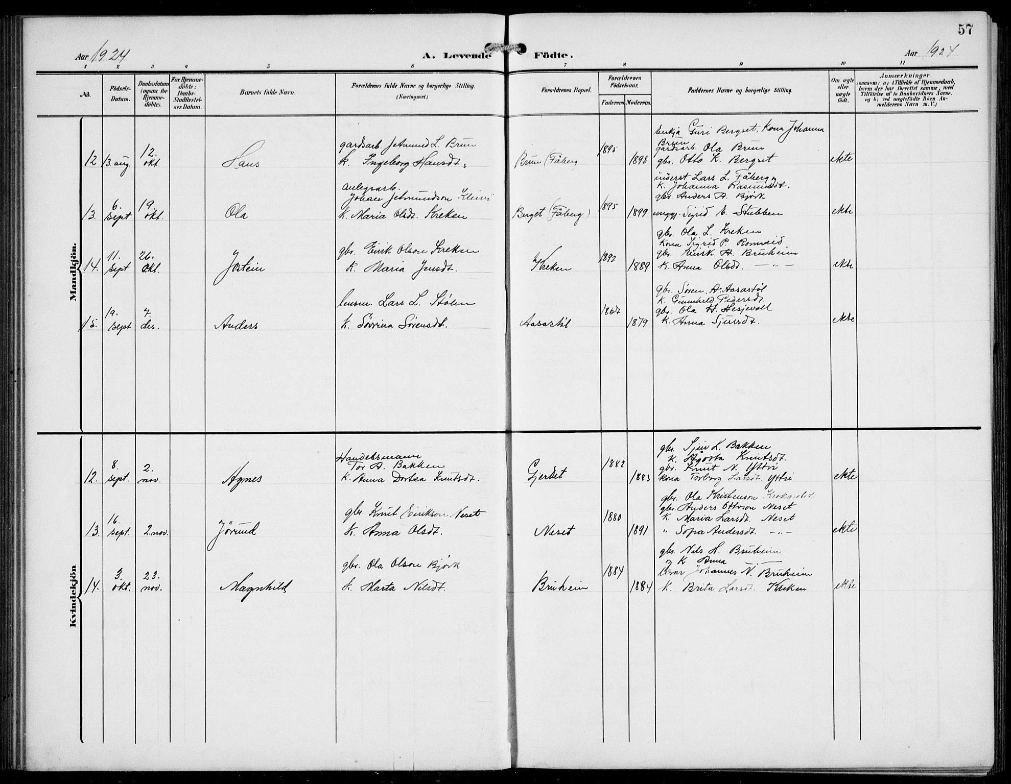 Jostedal sokneprestembete, AV/SAB-A-80601/H/Hab/Haba/L0002: Parish register (copy) no. A 2, 1907-1931, p. 57