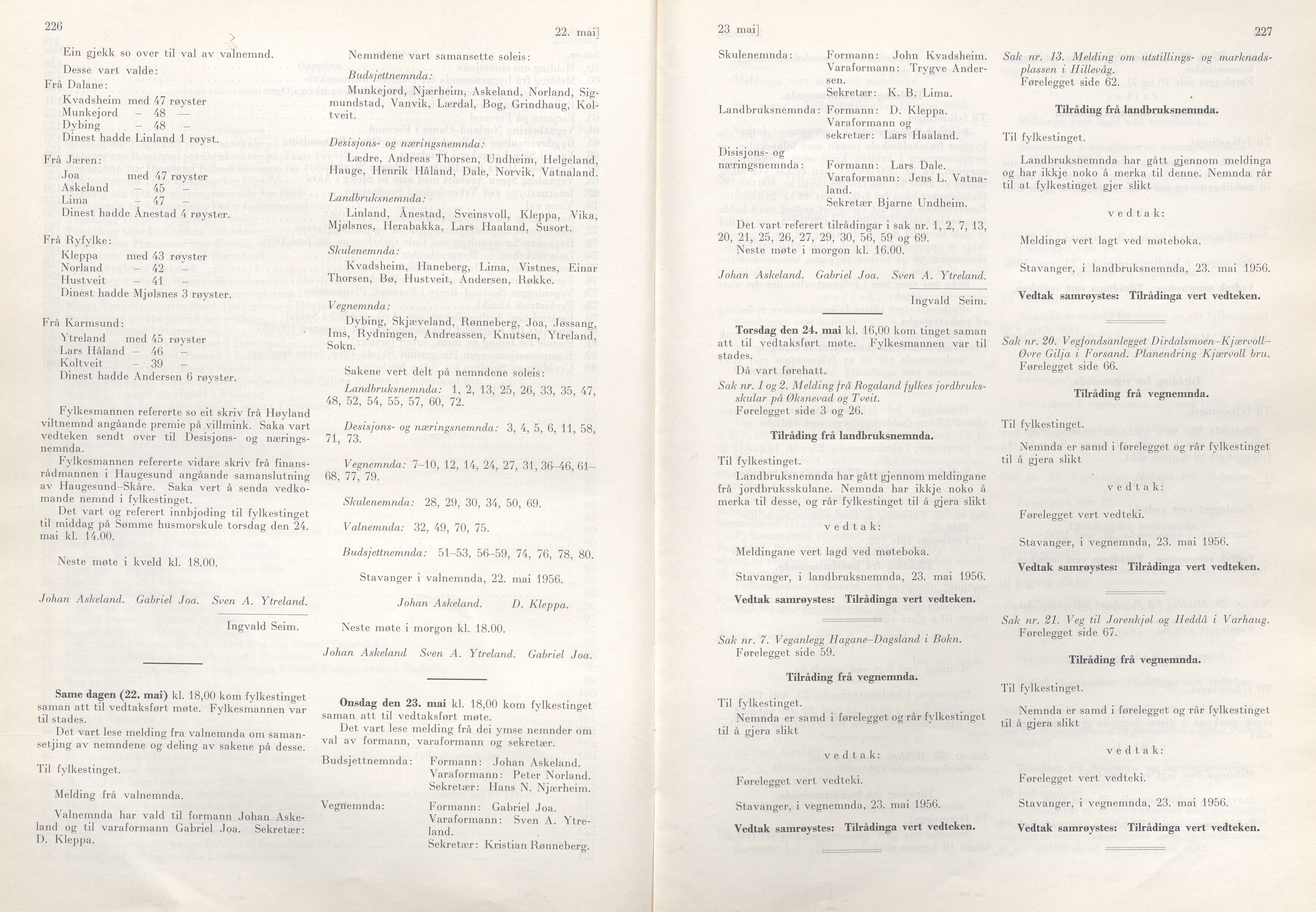 Rogaland fylkeskommune - Fylkesrådmannen , IKAR/A-900/A/Aa/Aaa/L0075: Møtebok , 1956, p. 226-227