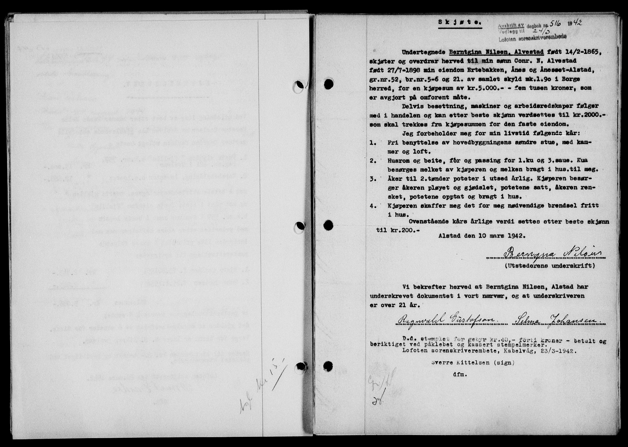 Lofoten sorenskriveri, SAT/A-0017/1/2/2C/L0009a: Mortgage book no. 9a, 1941-1942, Diary no: : 516/1942