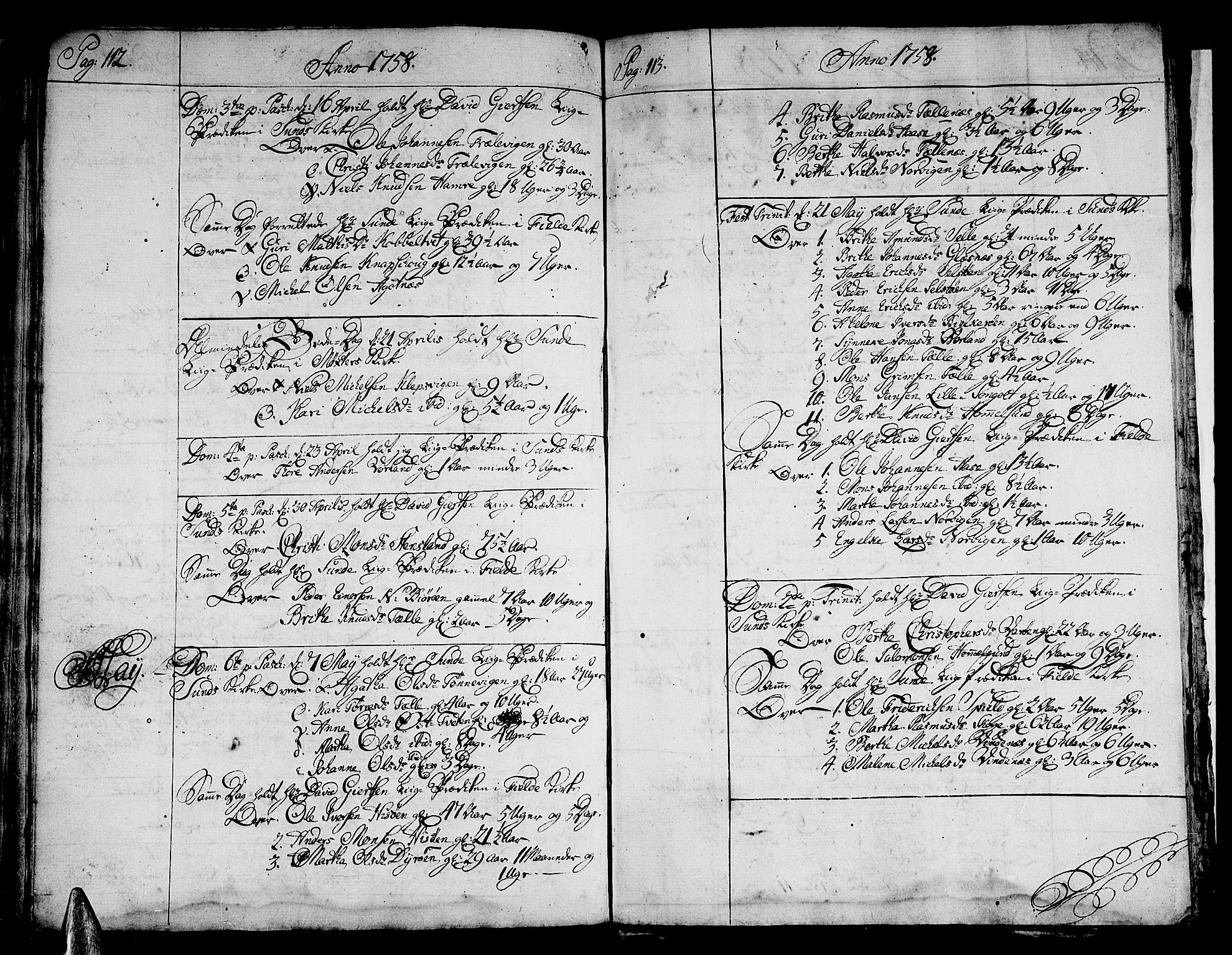 Sund sokneprestembete, AV/SAB-A-99930: Parish register (official) no. A 2, 1729-1769, p. 112-113