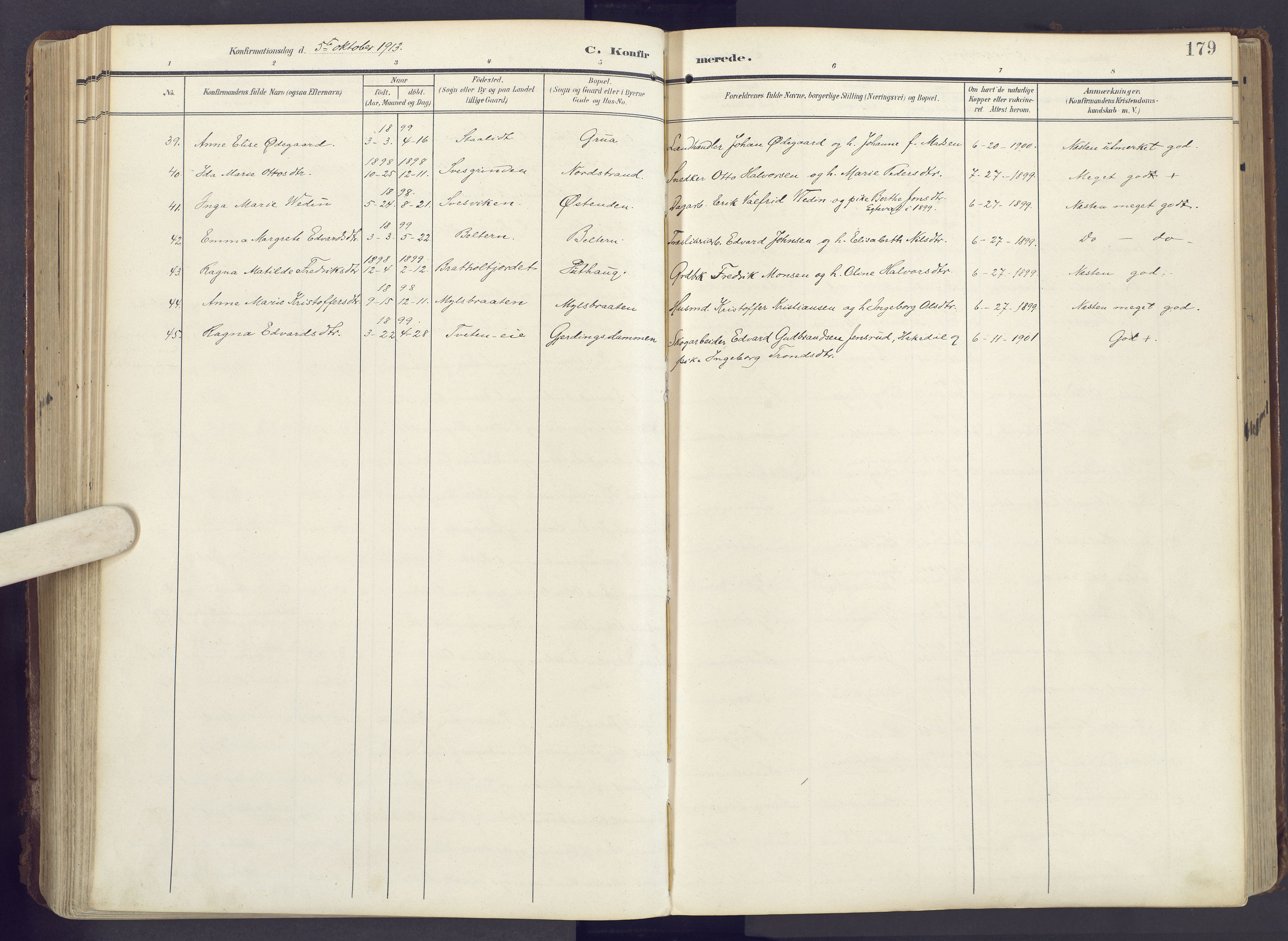 Lunner prestekontor, SAH/PREST-118/H/Ha/Haa/L0001: Parish register (official) no. 1, 1907-1922, p. 179