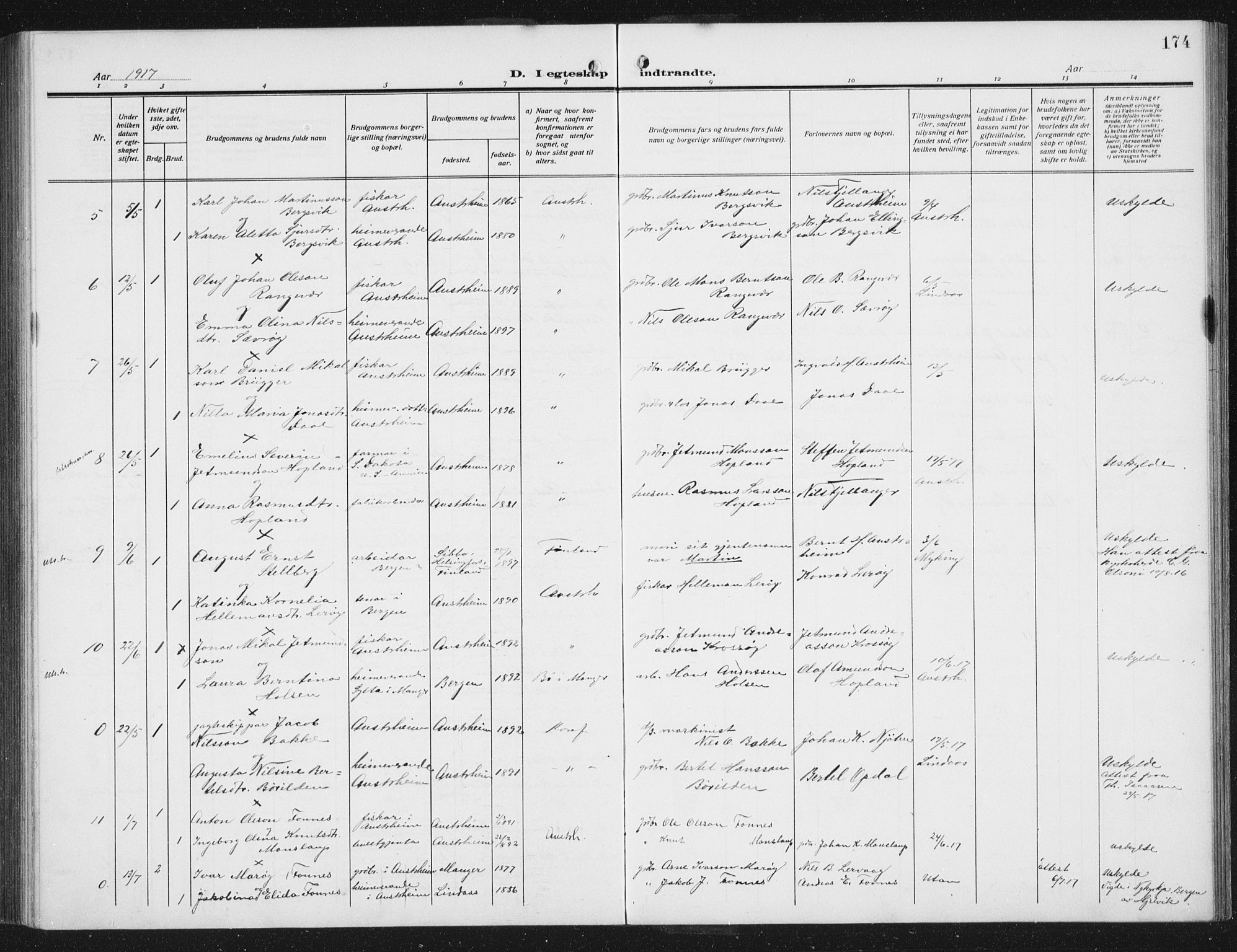 Lindås Sokneprestembete, SAB/A-76701/H/Hab: Parish register (copy) no. C 5, 1910-1927, p. 174