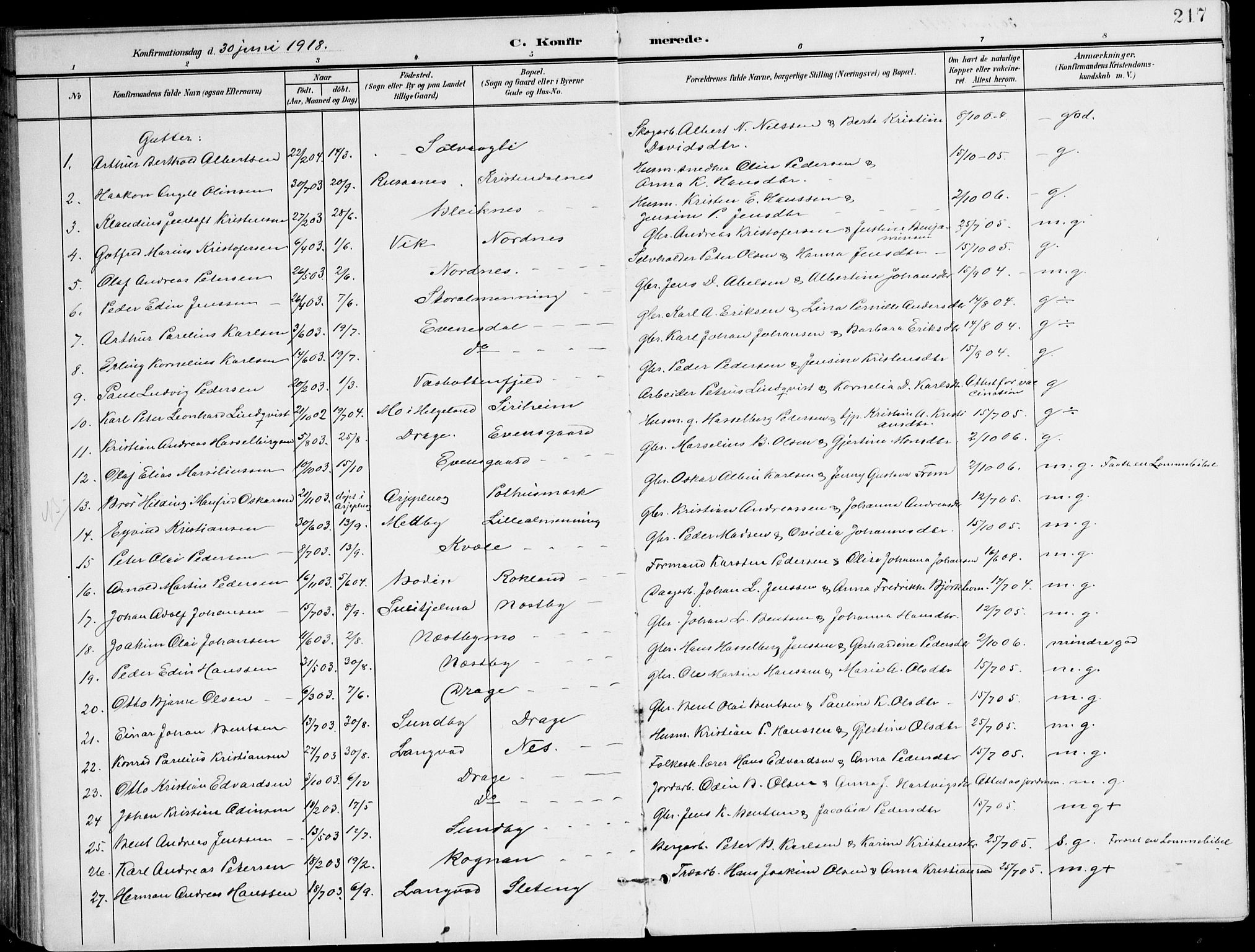 Ministerialprotokoller, klokkerbøker og fødselsregistre - Nordland, SAT/A-1459/847/L0672: Parish register (official) no. 847A12, 1902-1919, p. 217