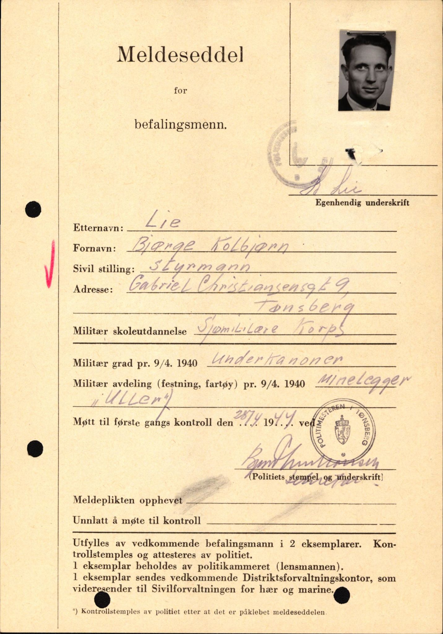 Forsvaret, Forsvarets krigshistoriske avdeling, AV/RA-RAFA-2017/Y/Yf/L0209: II-C-11-2121  -  Okkupasjonstiden.  Meldesedler for befal med foto og oppl. om militær grad 9. apr. 1940., 1944-1945, p. 73