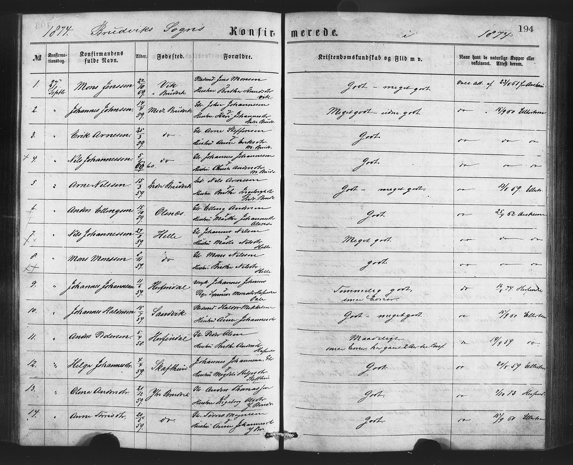 Bruvik Sokneprestembete, SAB/A-74701/H/Haa: Parish register (official) no. A 1, 1869-1877, p. 194