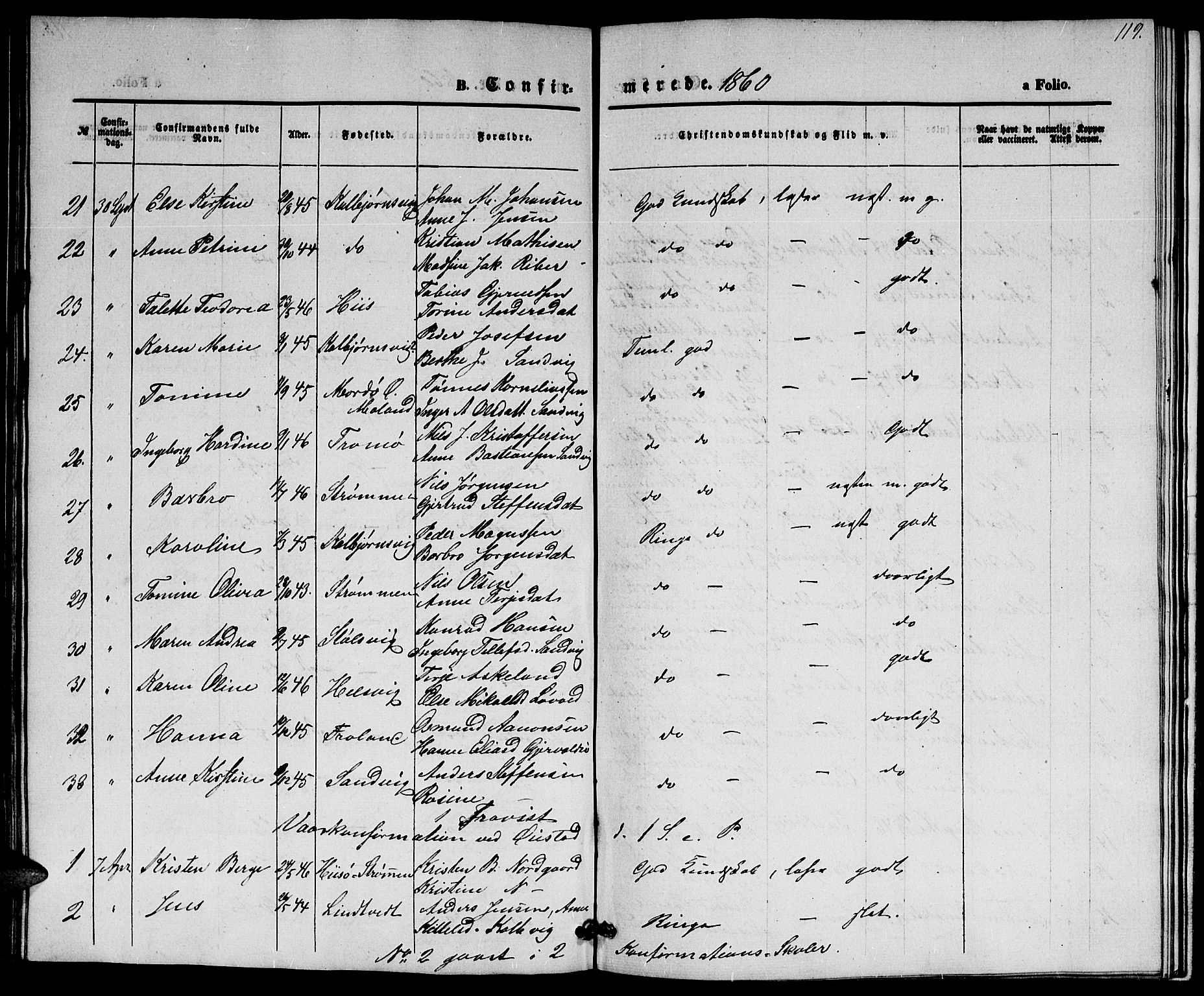 Hisøy sokneprestkontor, SAK/1111-0020/F/Fb/L0001: Parish register (copy) no. B 1, 1849-1872, p. 119