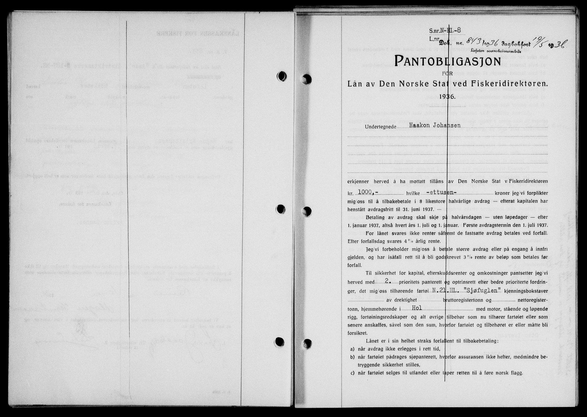 Lofoten sorenskriveri, SAT/A-0017/1/2/2C/L0033b: Mortgage book no. 33b, 1936-1936, Diary no: : 843/1936
