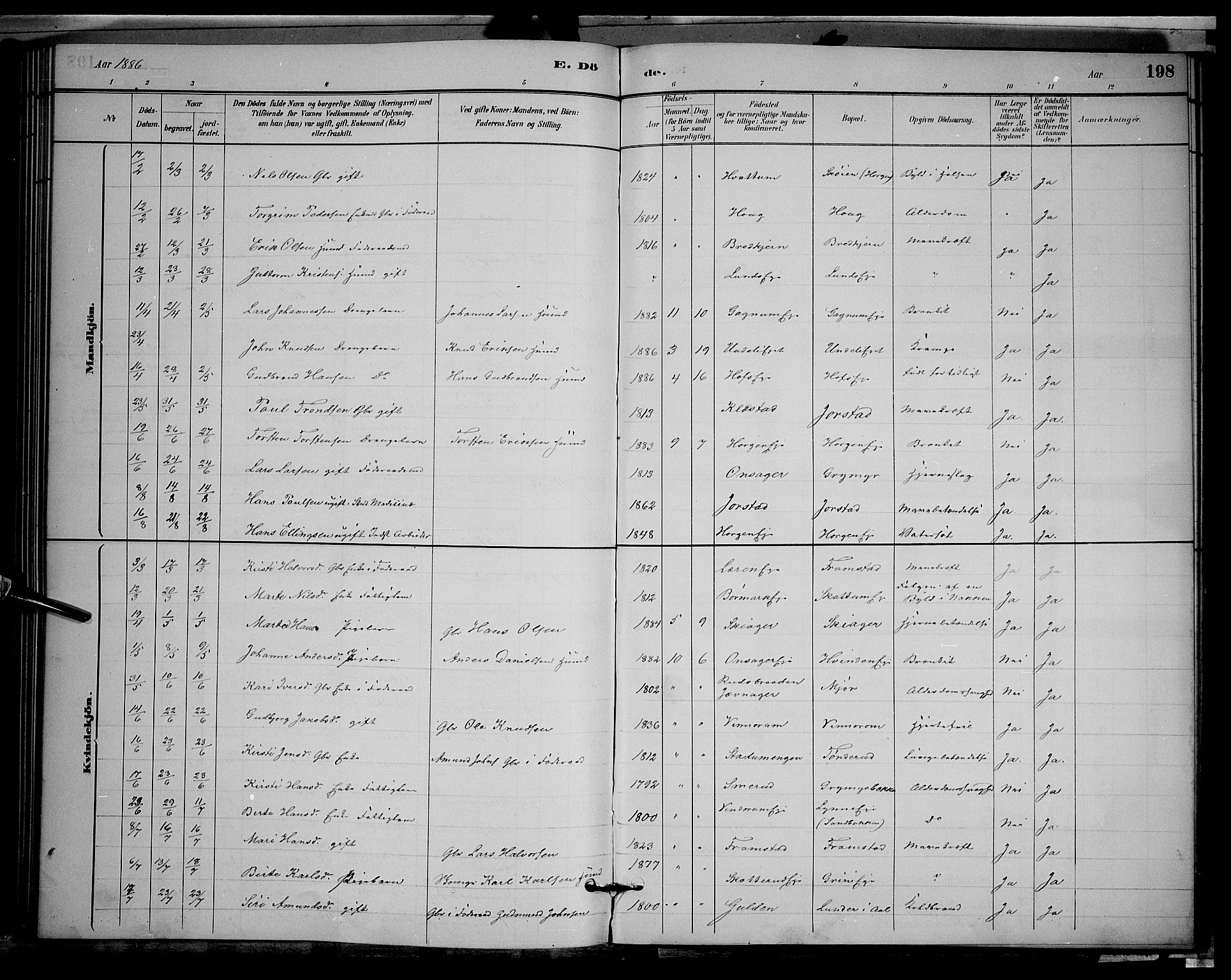 Gran prestekontor, SAH/PREST-112/H/Ha/Hab/L0002: Parish register (copy) no. 2, 1879-1892, p. 198