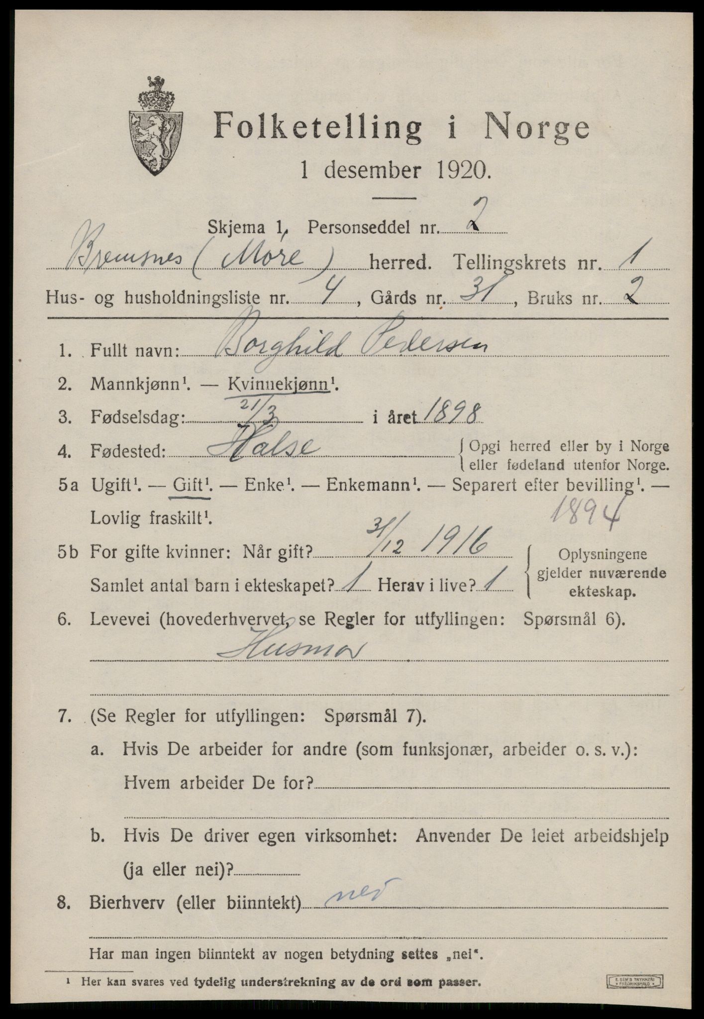 SAT, 1920 census for Bremsnes, 1920, p. 1511