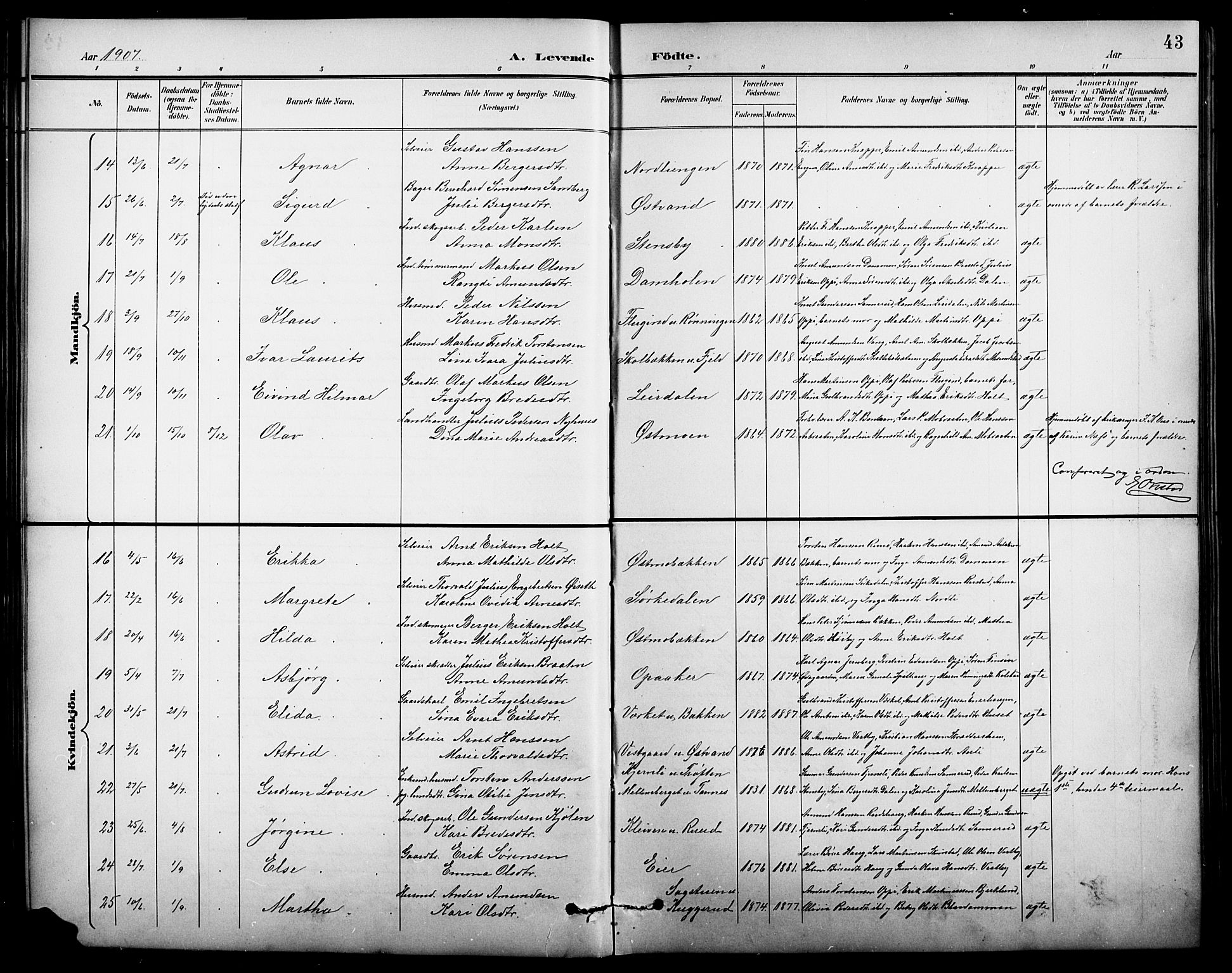 Nord-Odal prestekontor, AV/SAH-PREST-032/H/Ha/Hab/L0002: Parish register (copy) no. 2, 1895-1921, p. 43