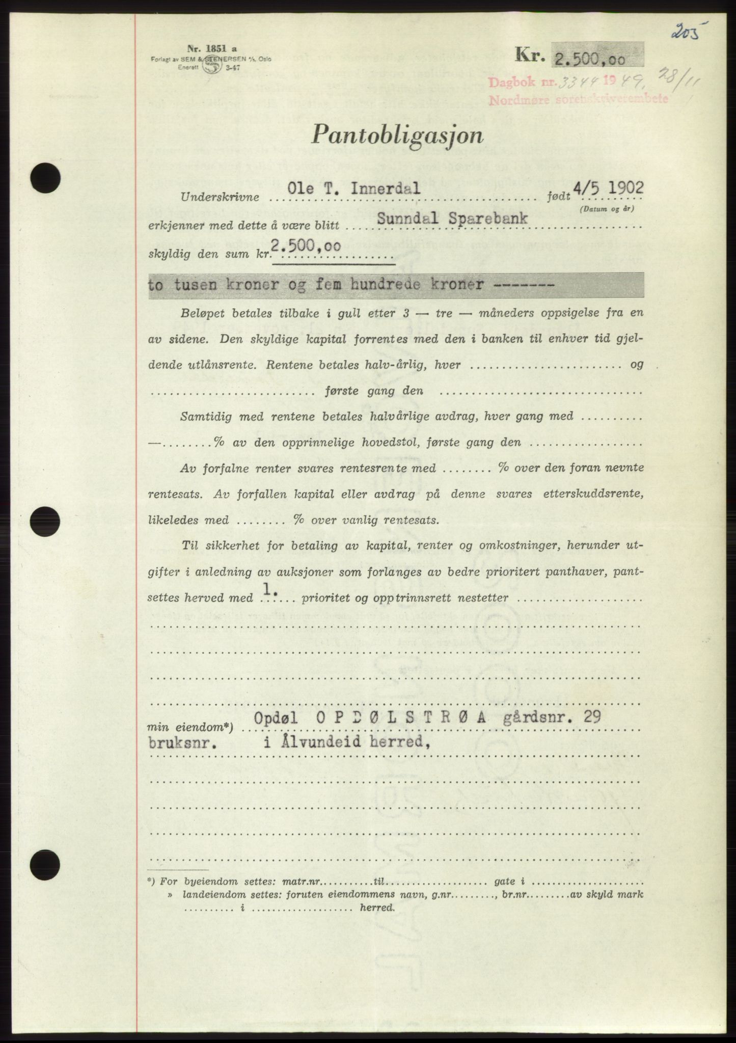 Nordmøre sorenskriveri, AV/SAT-A-4132/1/2/2Ca: Mortgage book no. B103, 1949-1950, Diary no: : 3344/1949