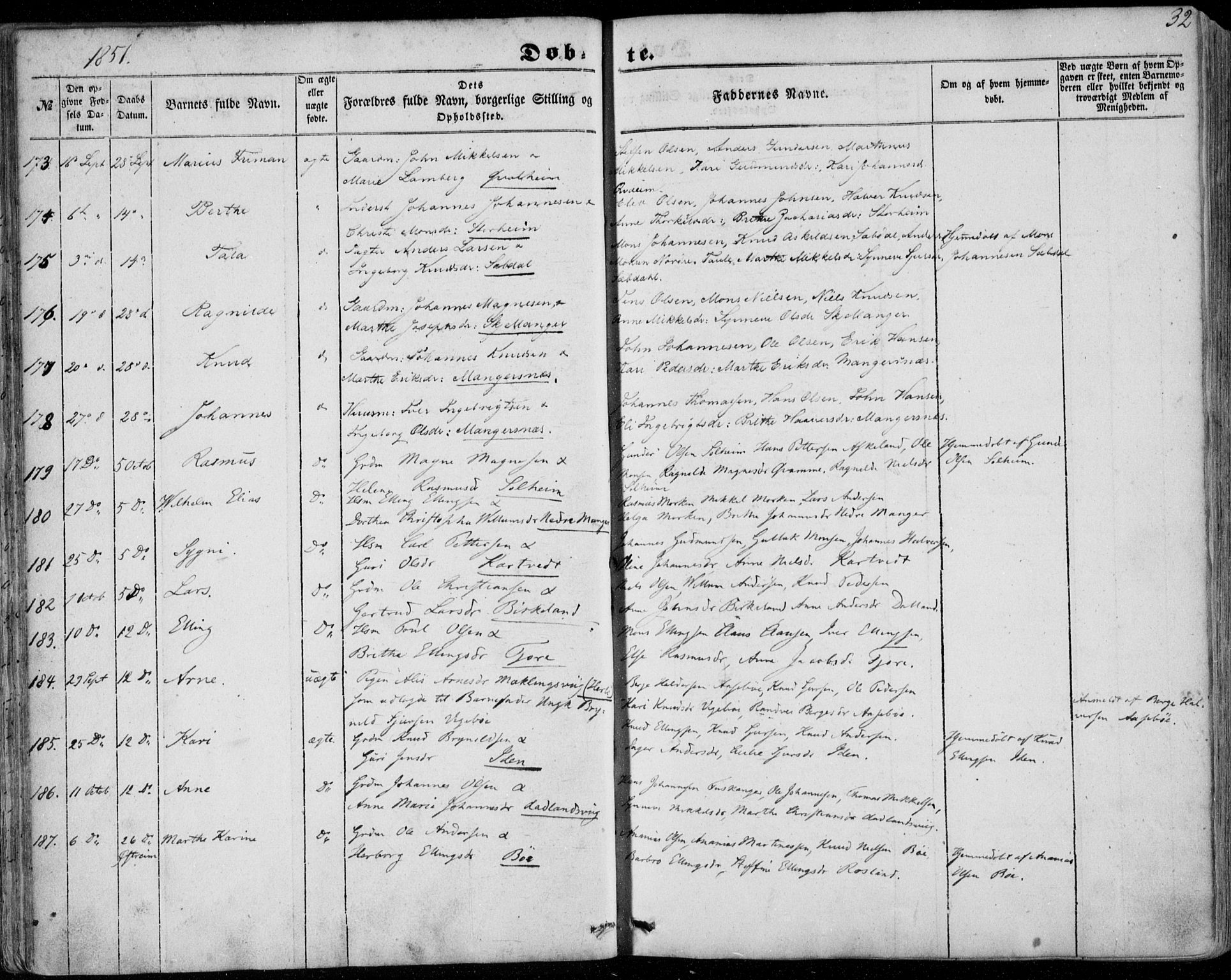 Manger sokneprestembete, AV/SAB-A-76801/H/Haa: Parish register (official) no. A 6, 1849-1859, p. 32