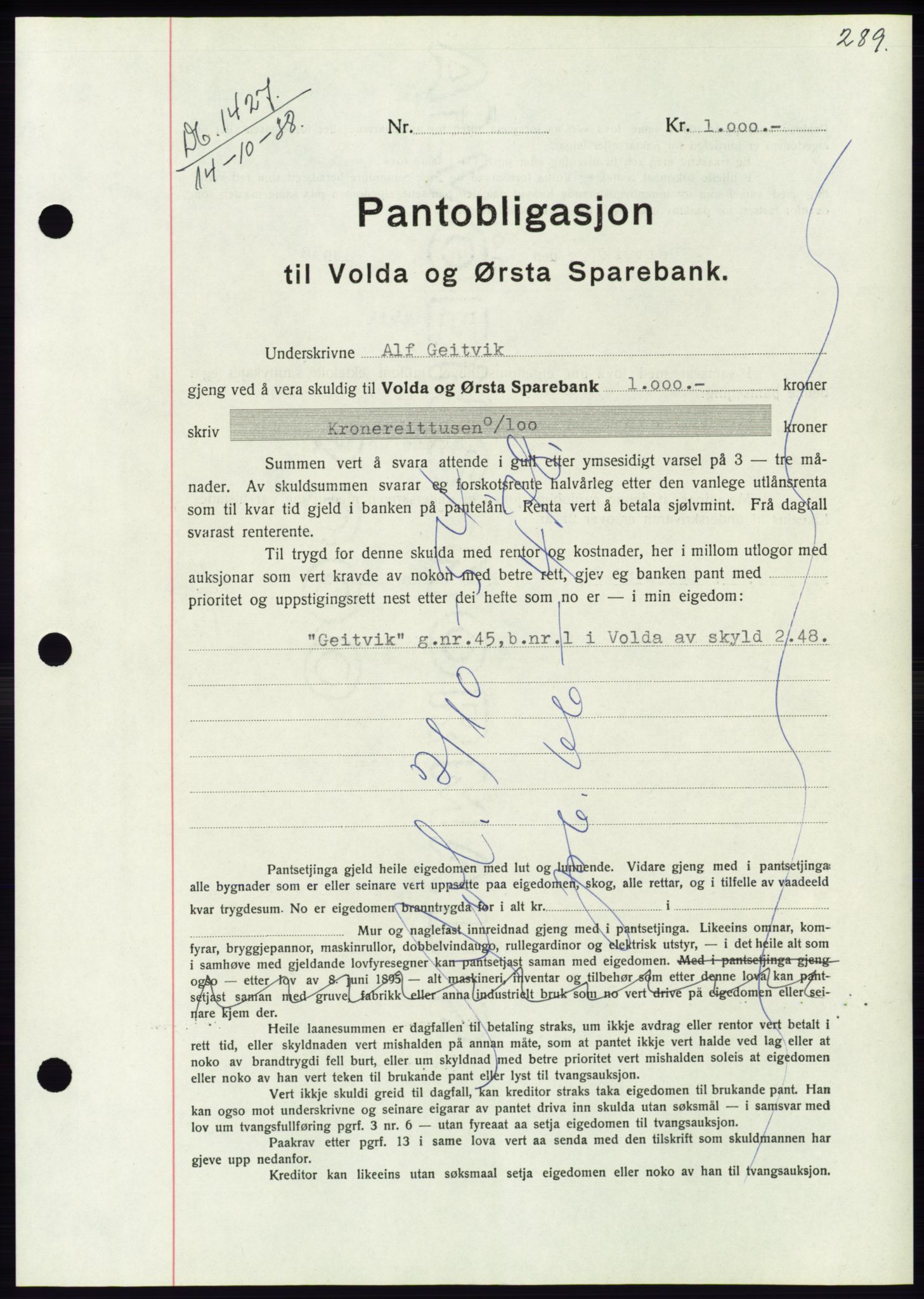 Søre Sunnmøre sorenskriveri, AV/SAT-A-4122/1/2/2C/L0066: Mortgage book no. 60, 1938-1938, Diary no: : 1427/1938