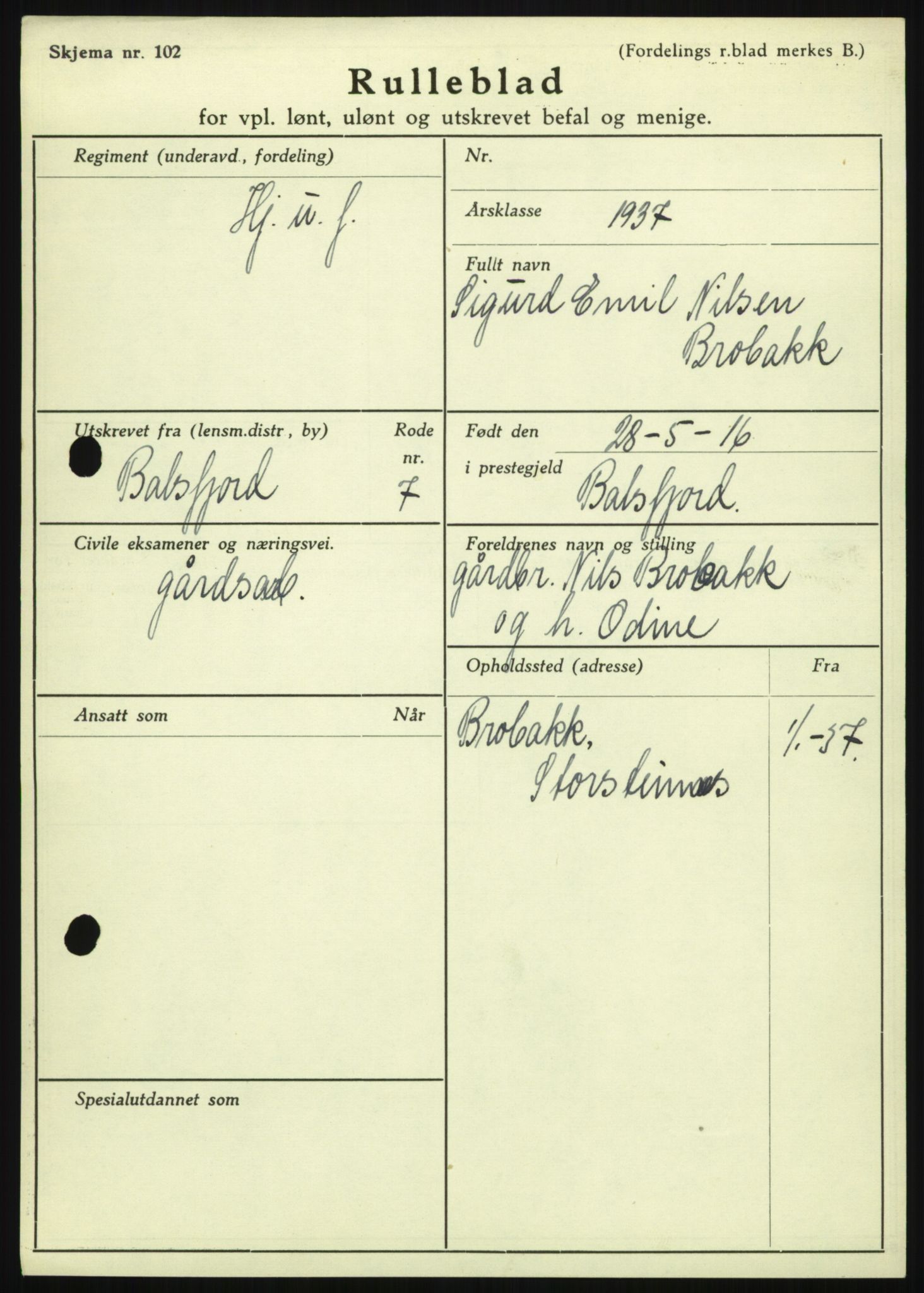 Forsvaret, Troms infanteriregiment nr. 16, AV/RA-RAFA-3146/P/Pa/L0021: Rulleblad for regimentets menige mannskaper, årsklasse 1937, 1937, p. 81