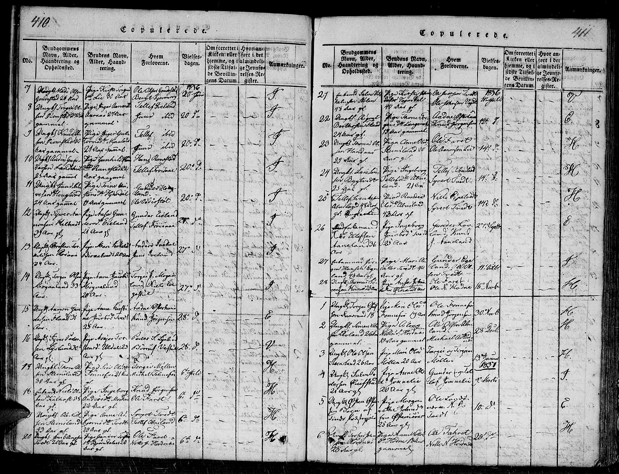 Evje sokneprestkontor, SAK/1111-0008/F/Fa/Faa/L0004: Parish register (official) no. A 4, 1816-1840, p. 410-411