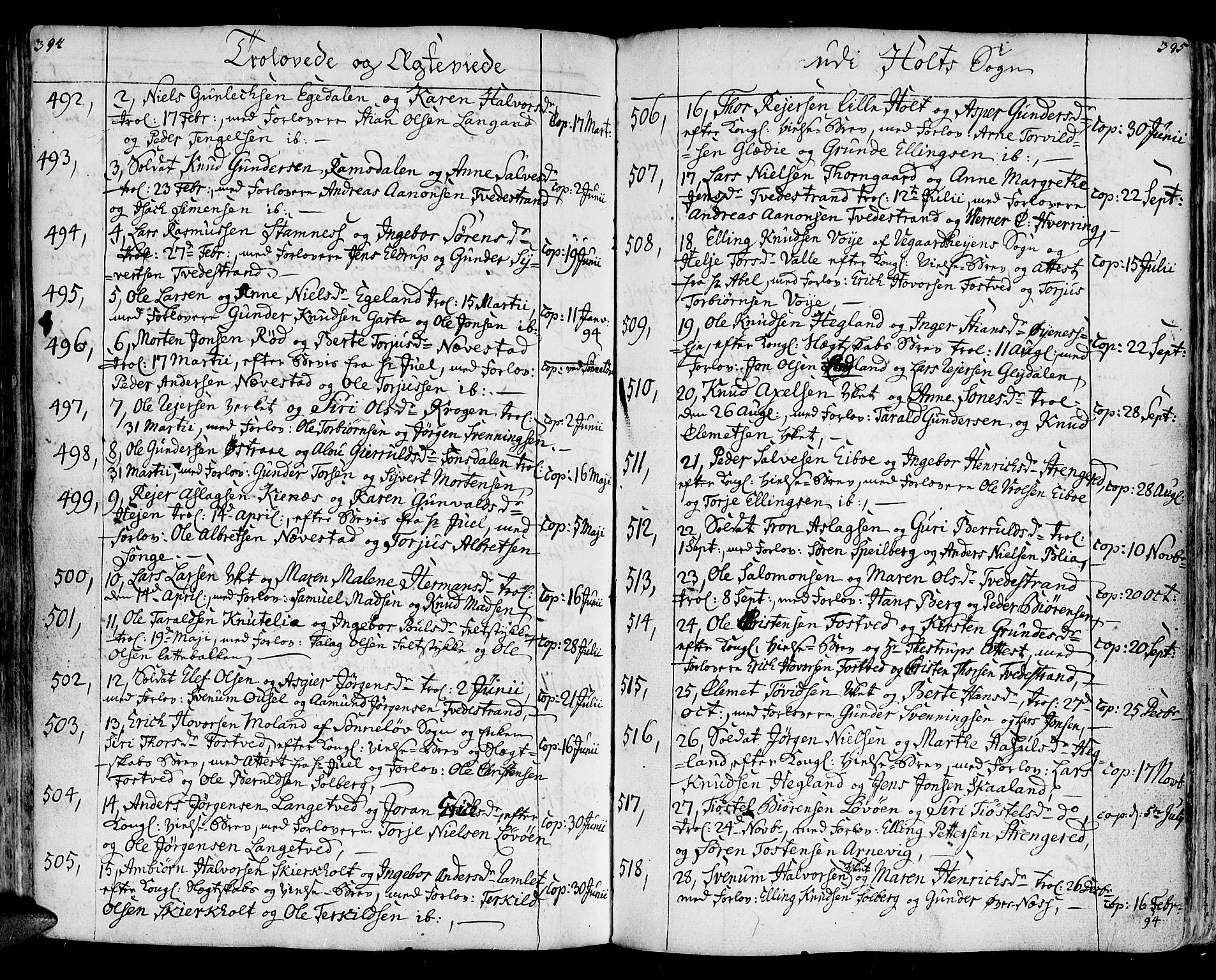 Holt sokneprestkontor, SAK/1111-0021/F/Fa/L0003: Parish register (official) no. A 3, 1765-1798, p. 394-395