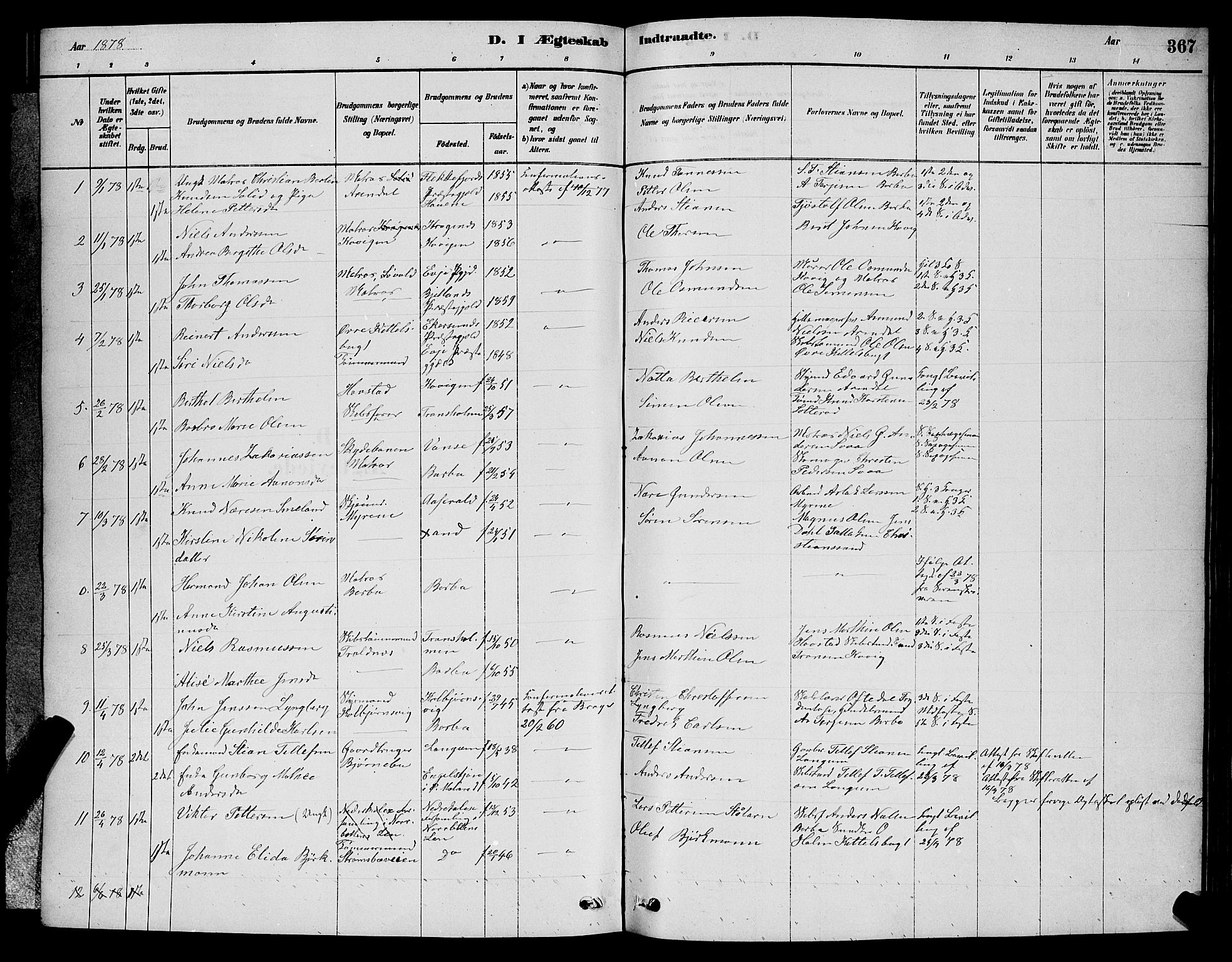 Barbu sokneprestkontor, AV/SAK-1111-0003/F/Fb/L0001: Parish register (copy) no. B 1, 1878-1890, p. 367