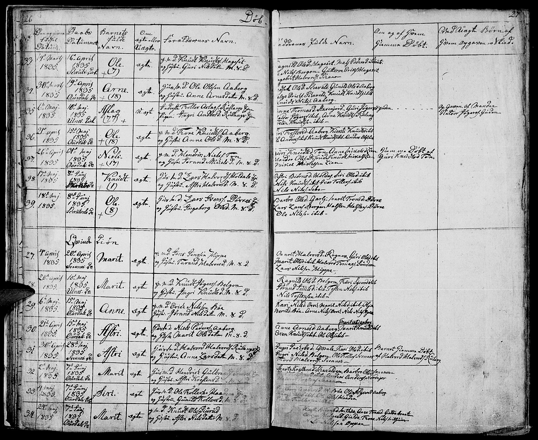 Nord-Aurdal prestekontor, AV/SAH-PREST-132/H/Ha/Hab/L0001: Parish register (copy) no. 1, 1834-1887, p. 26-27