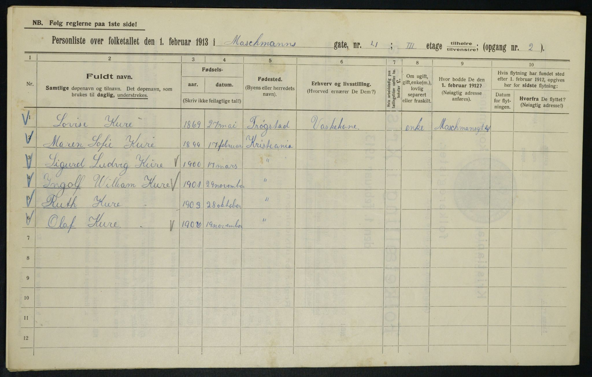 OBA, Municipal Census 1913 for Kristiania, 1913, p. 64599