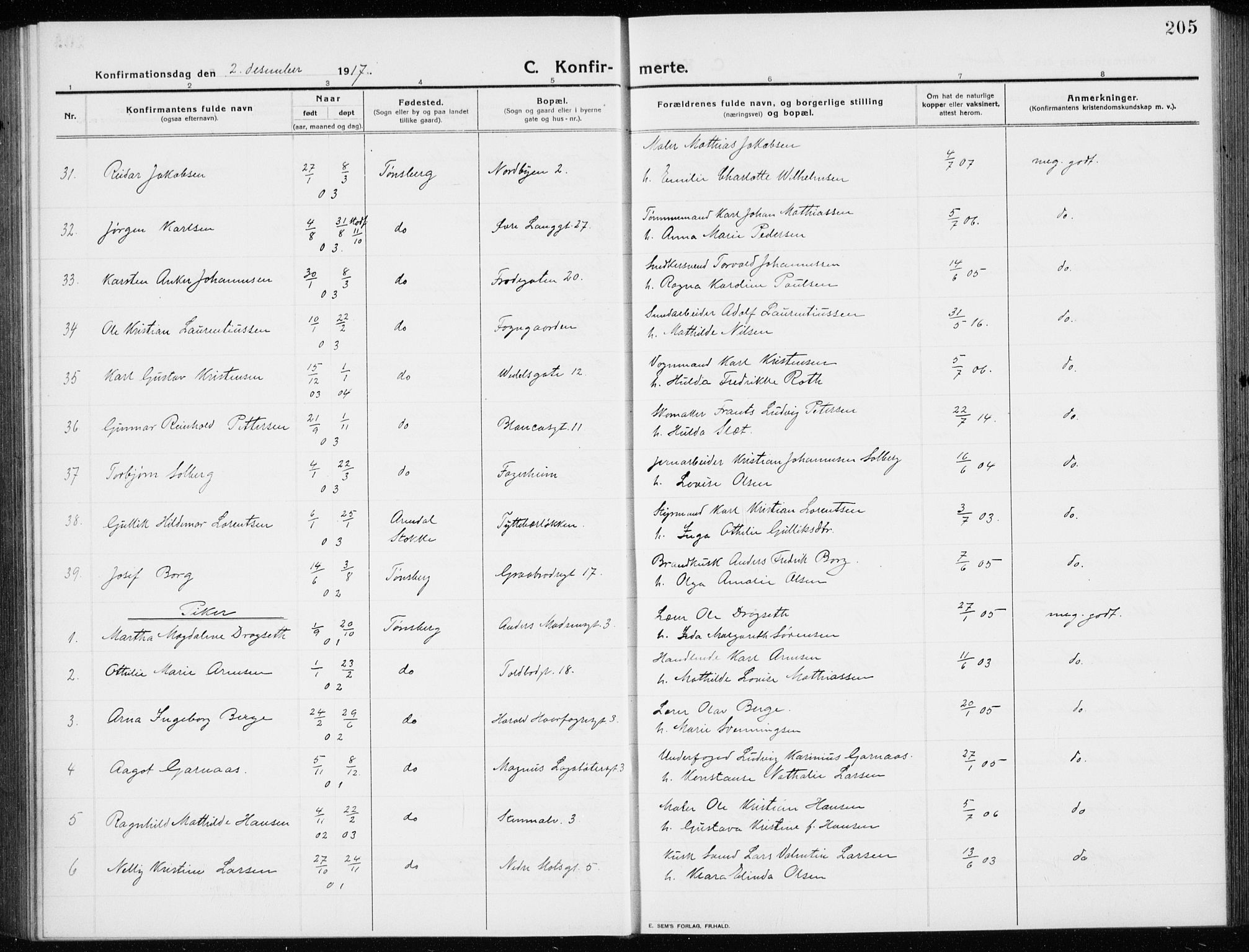 Tønsberg kirkebøker, AV/SAKO-A-330/G/Ga/L0009: Parish register (copy) no. 9, 1913-1920, p. 205