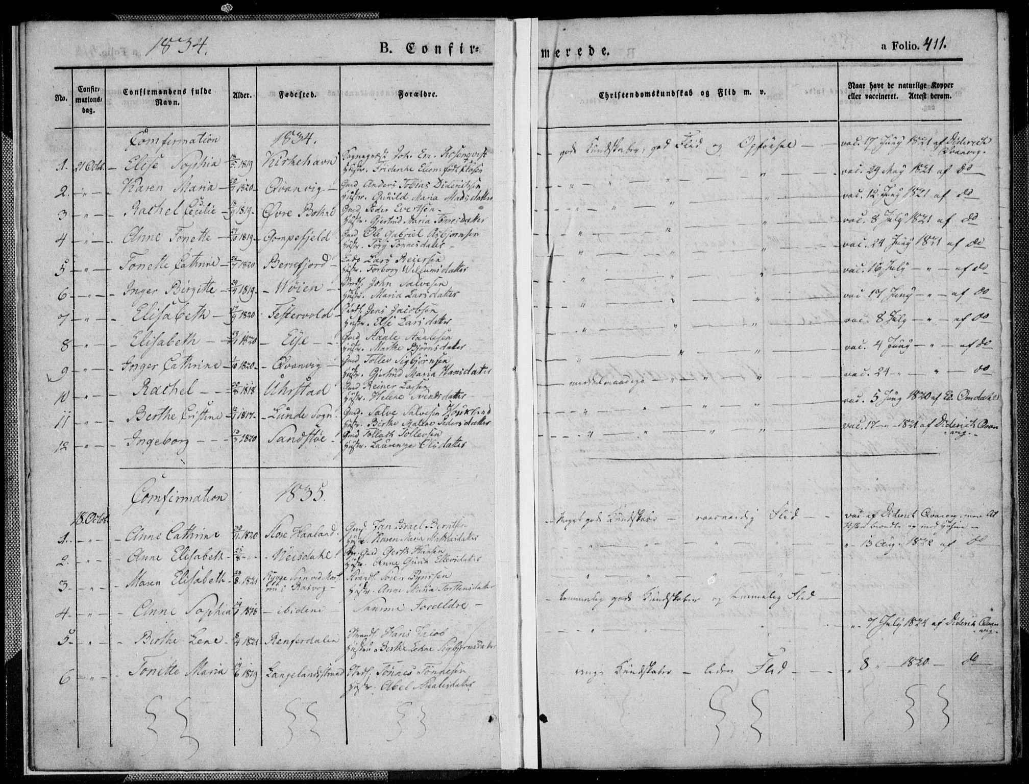 Flekkefjord sokneprestkontor, SAK/1111-0012/F/Fb/Fbb/L0002: Parish register (copy) no. B 2b, 1831-1866, p. 411