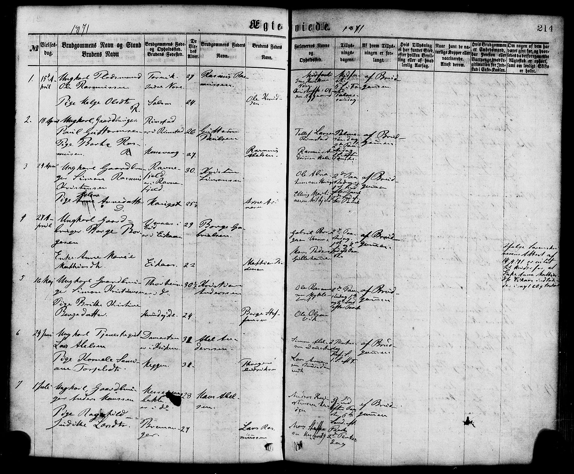 Davik sokneprestembete, AV/SAB-A-79701/H/Haa/Haaa/L0006: Parish register (official) no. A 6, 1867-1881, p. 214