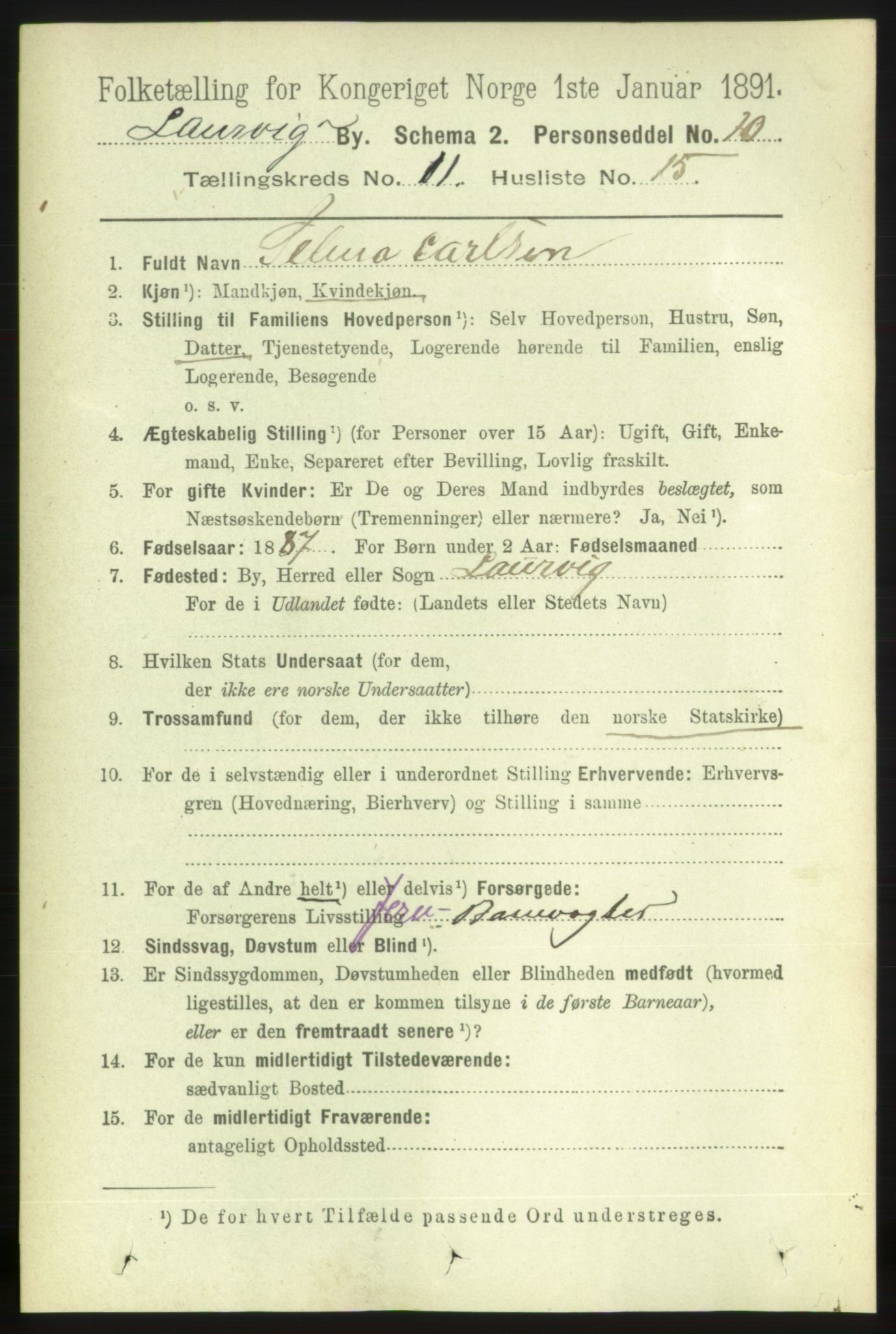 RA, 1891 census for 0707 Larvik, 1891, p. 9765