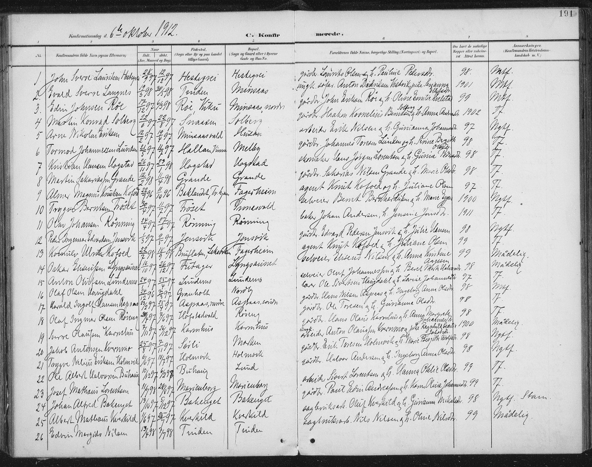 Ministerialprotokoller, klokkerbøker og fødselsregistre - Nord-Trøndelag, SAT/A-1458/723/L0246: Parish register (official) no. 723A15, 1900-1917, p. 191