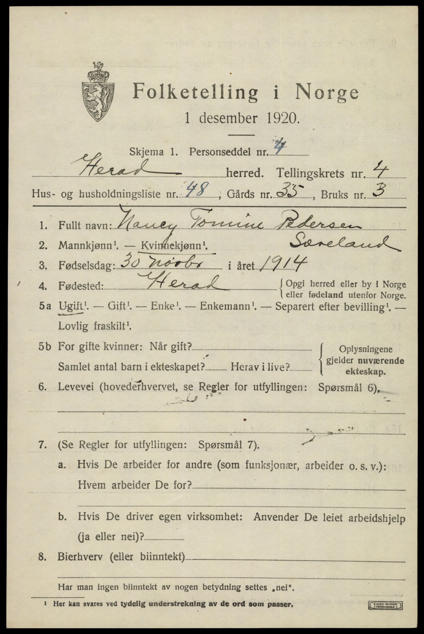 SAK, 1920 census for Herad, 1920, p. 2202