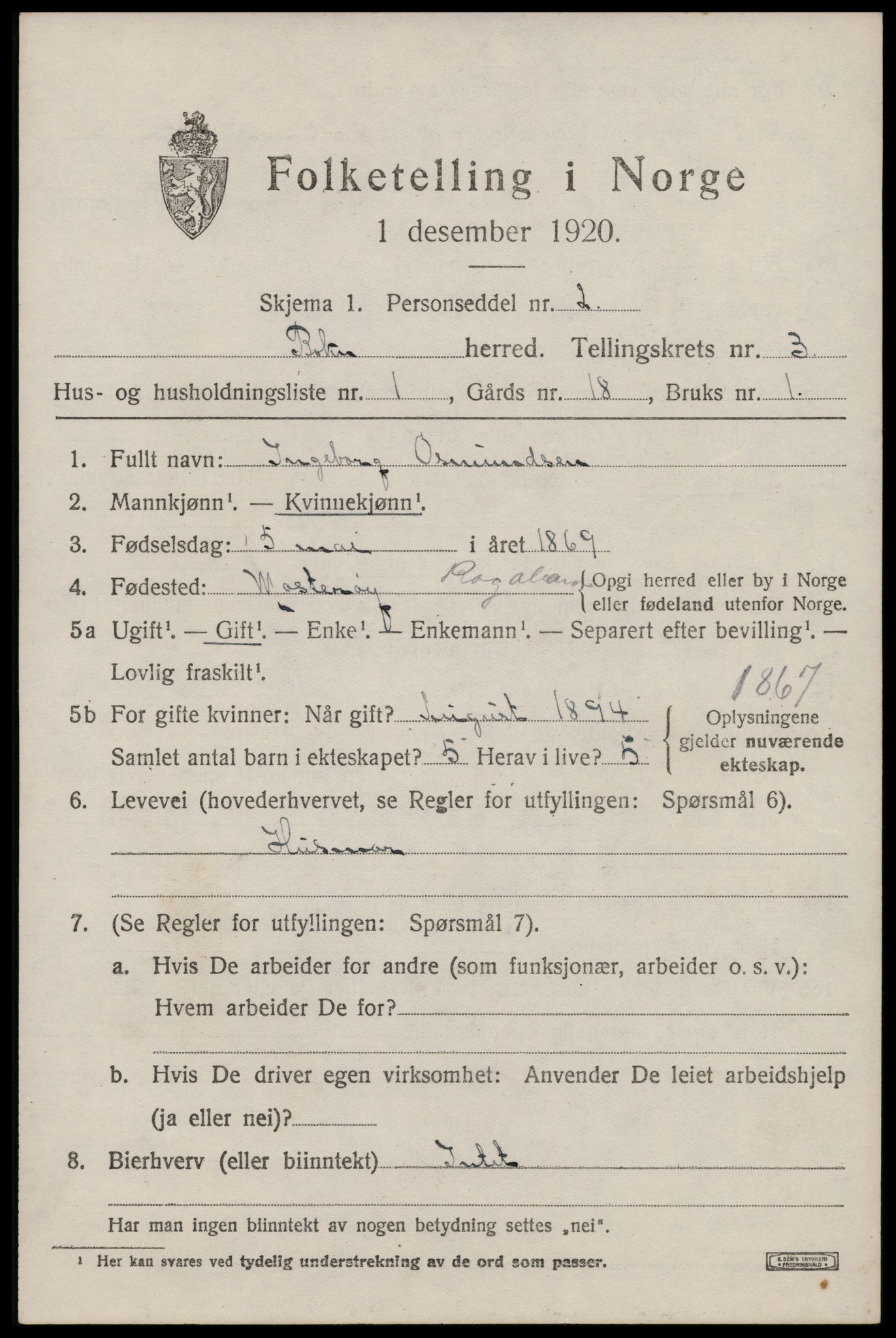 SAST, 1920 census for Bokn, 1920, p. 1328