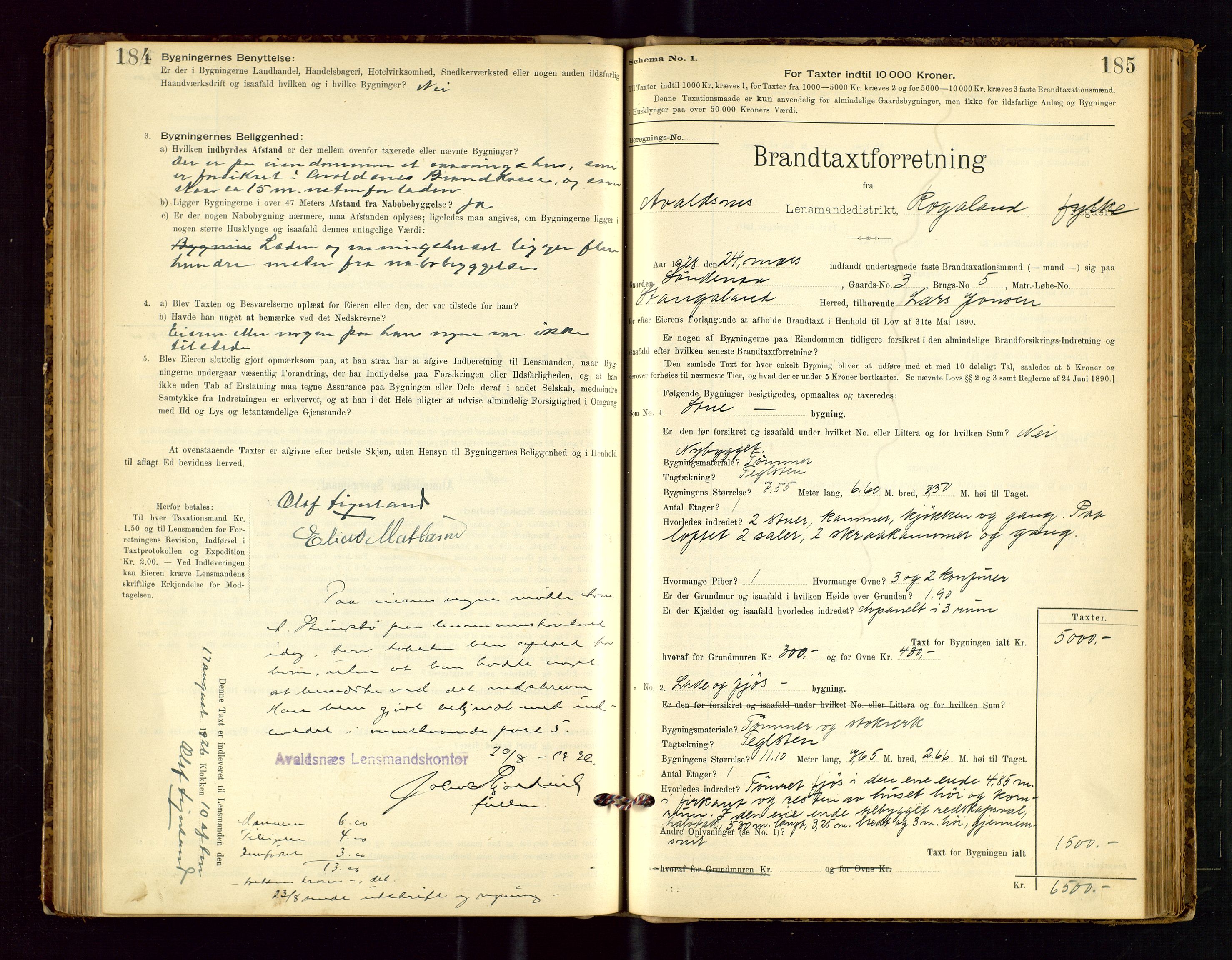 Avaldsnes lensmannskontor, SAST/A-100286/Gob/L0001: "Brandtaxationsprotokol for Avaldsnes Lensmandsdistrikt Ryfylke Fogderi", 1894-1925, p. 184-185