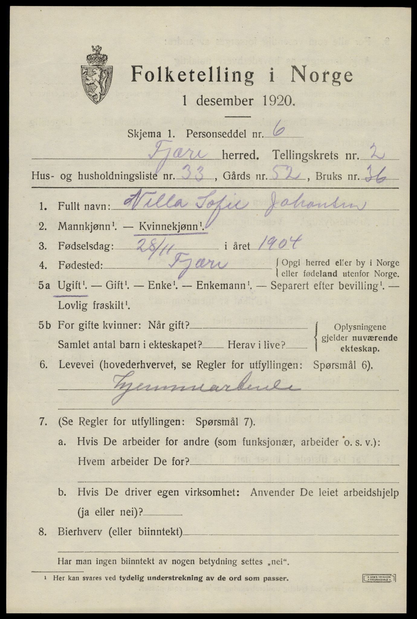 SAK, 1920 census for Fjære, 1920, p. 3623