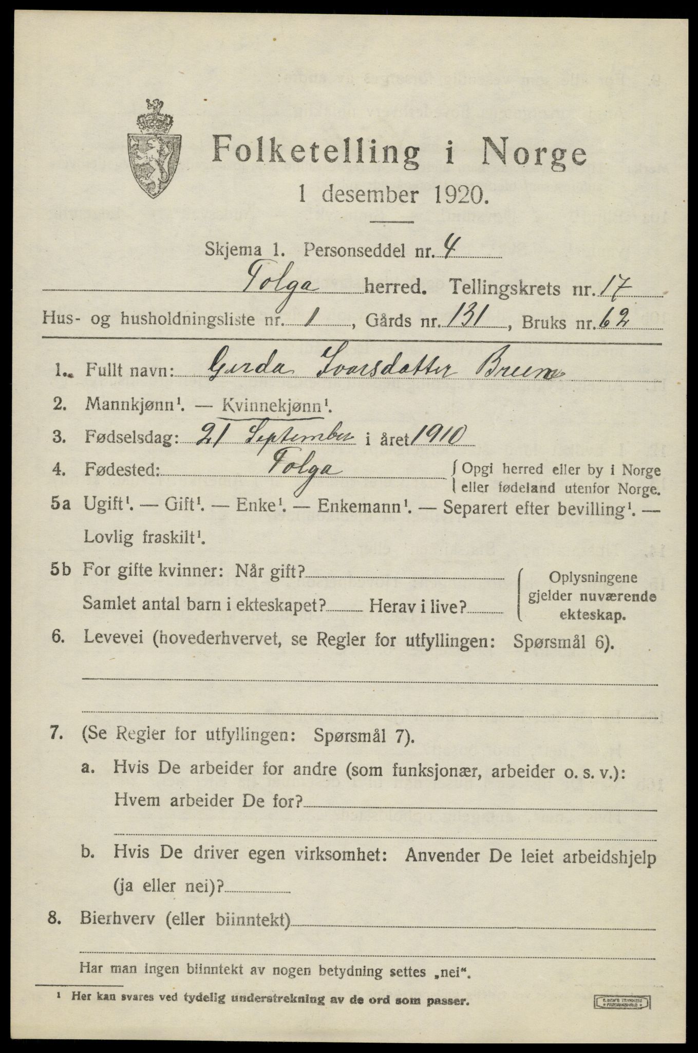 SAH, 1920 census for Tolga, 1920, p. 7817