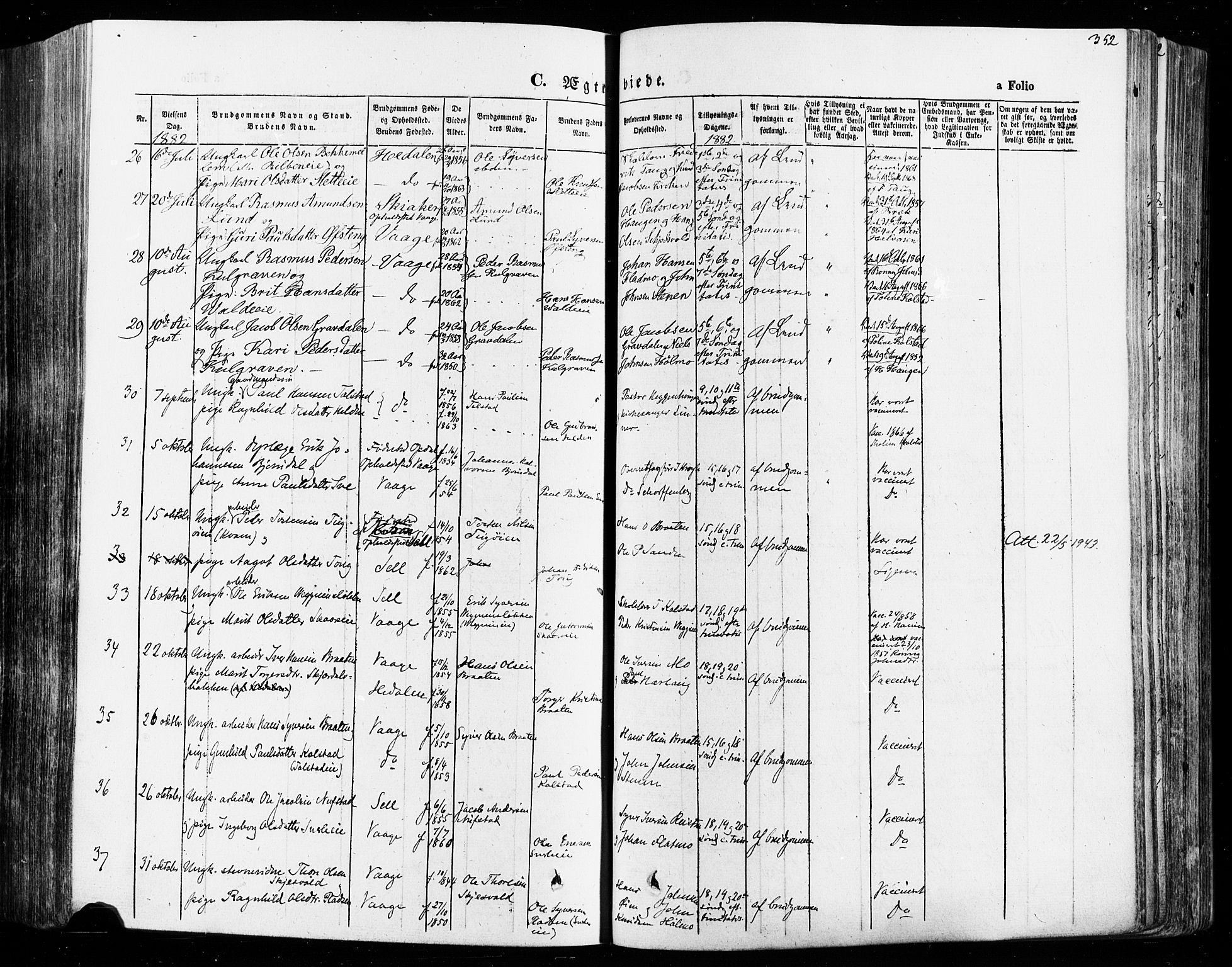 Vågå prestekontor, SAH/PREST-076/H/Ha/Haa/L0007: Parish register (official) no. 7 /1, 1872-1886, p. 352