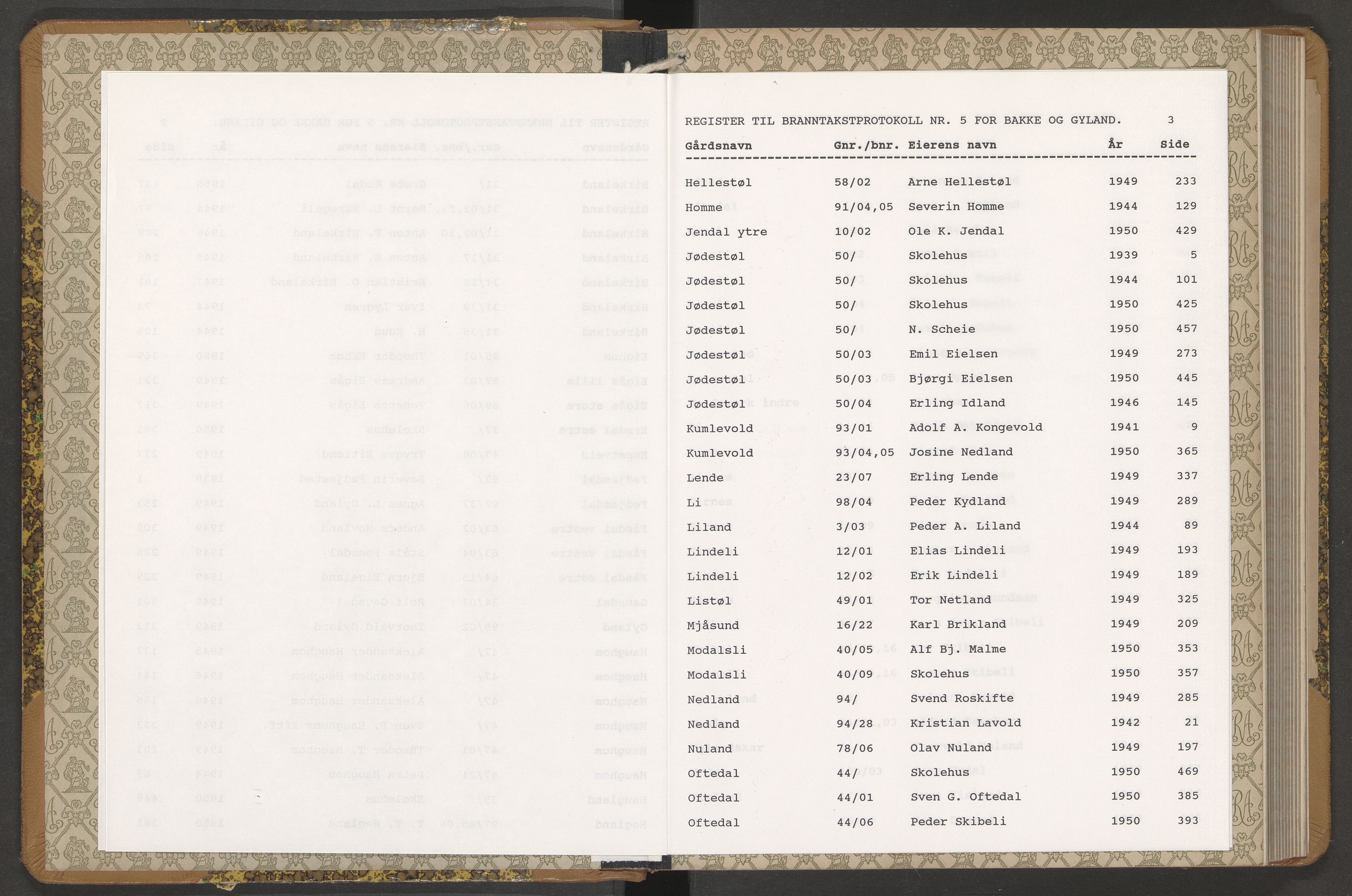Norges Brannkasse Bakke og Gyland, AV/SAK-2241-0003/F/Fa/L0006: Branntakstprotokoll nr. 5 med gårdsnavnregister, 1939-1950