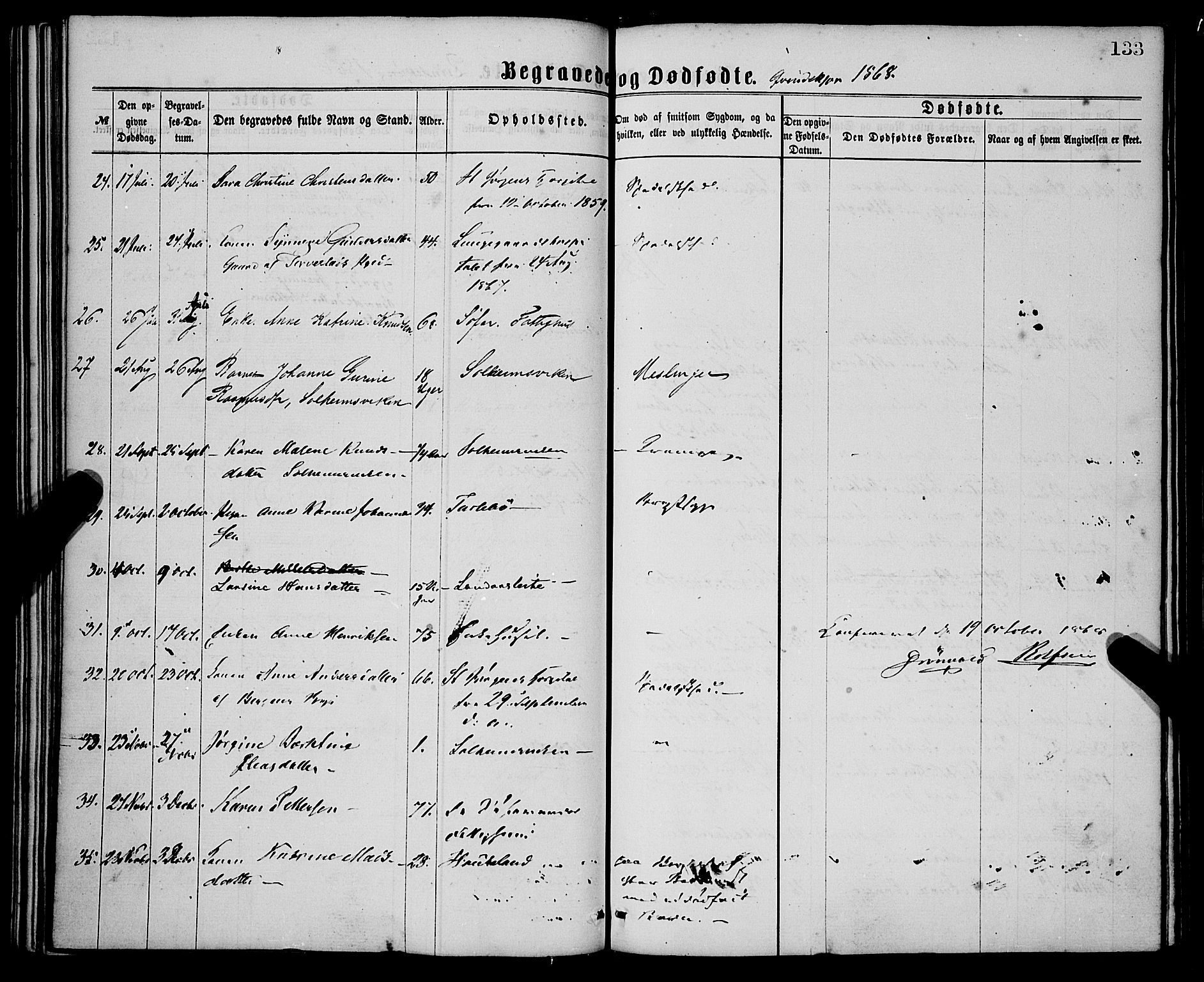 St. Jørgens hospital og Årstad sokneprestembete, SAB/A-99934: Parish register (official) no. A 11, 1864-1886, p. 133
