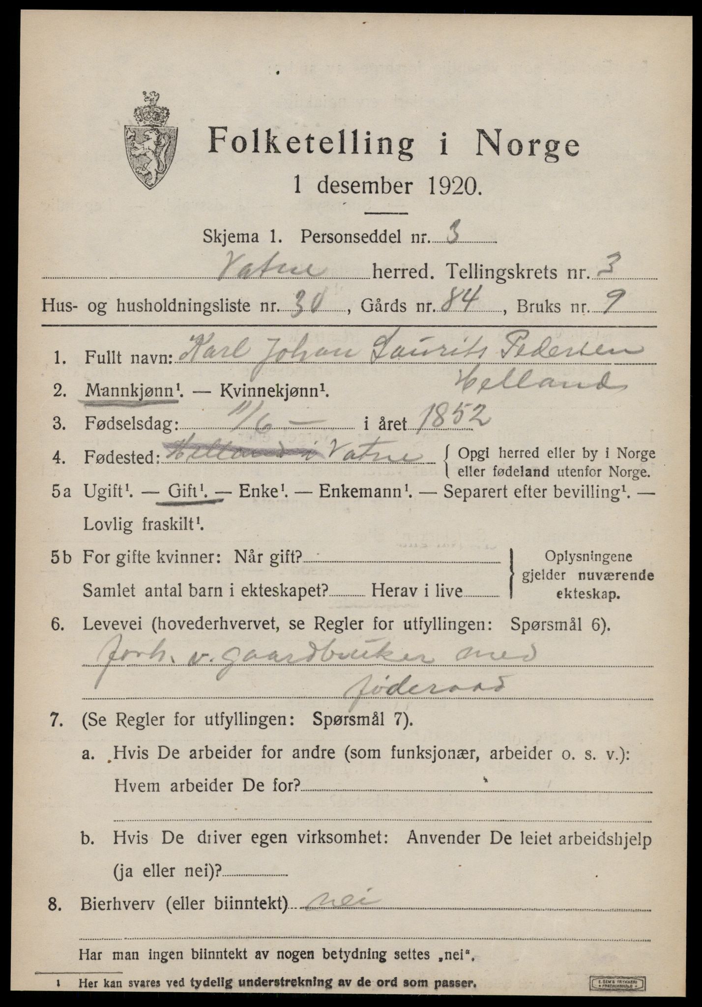 SAT, 1920 census for Vatne, 1920, p. 1764