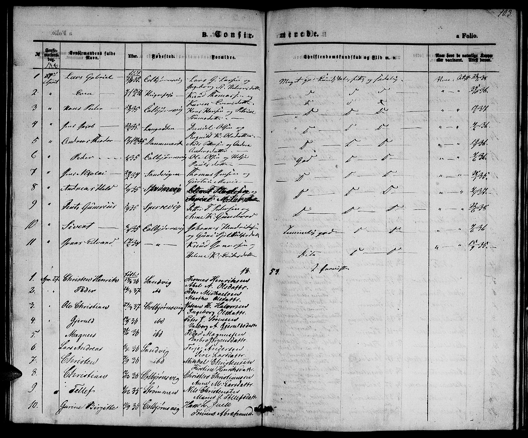 Hisøy sokneprestkontor, SAK/1111-0020/F/Fb/L0001: Parish register (copy) no. B 1, 1849-1872, p. 103