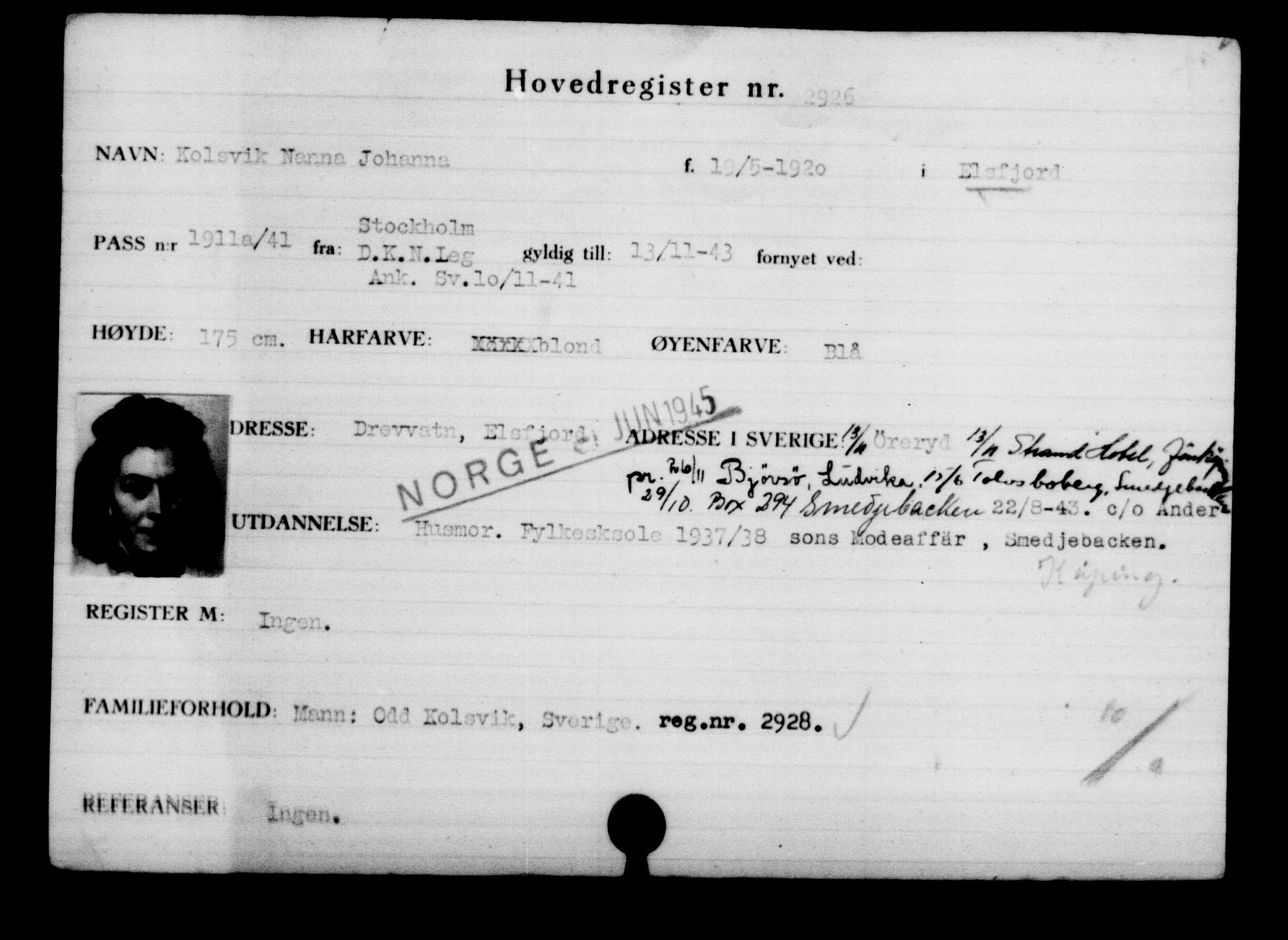 Den Kgl. Norske Legasjons Flyktningskontor, RA/S-6753/V/Va/L0003: Kjesäterkartoteket.  Flyktningenr. 2001-3495, 1940-1945, p. 1330