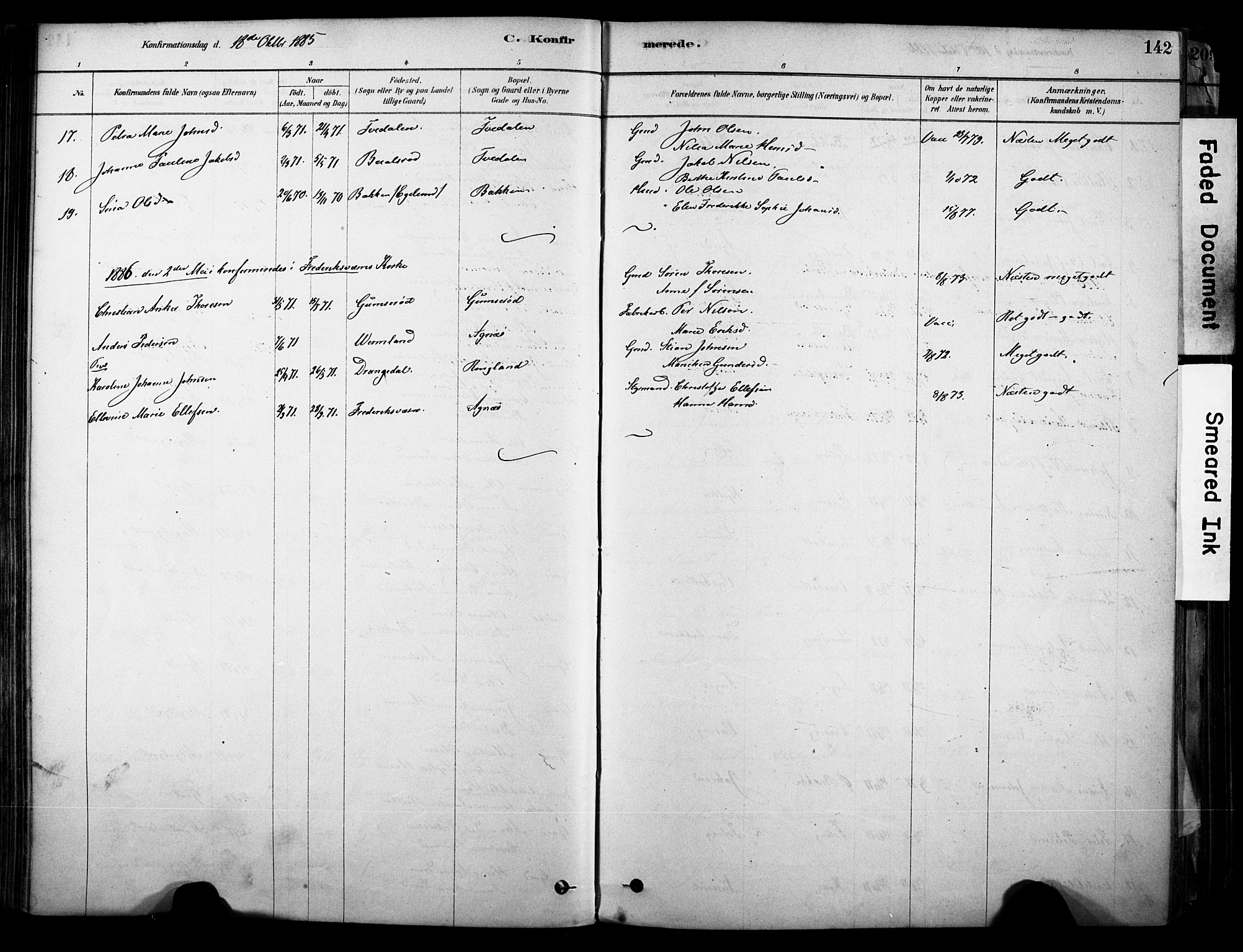 Brunlanes kirkebøker, AV/SAKO-A-342/F/Fc/L0001: Parish register (official) no. III 1, 1878-1899, p. 142