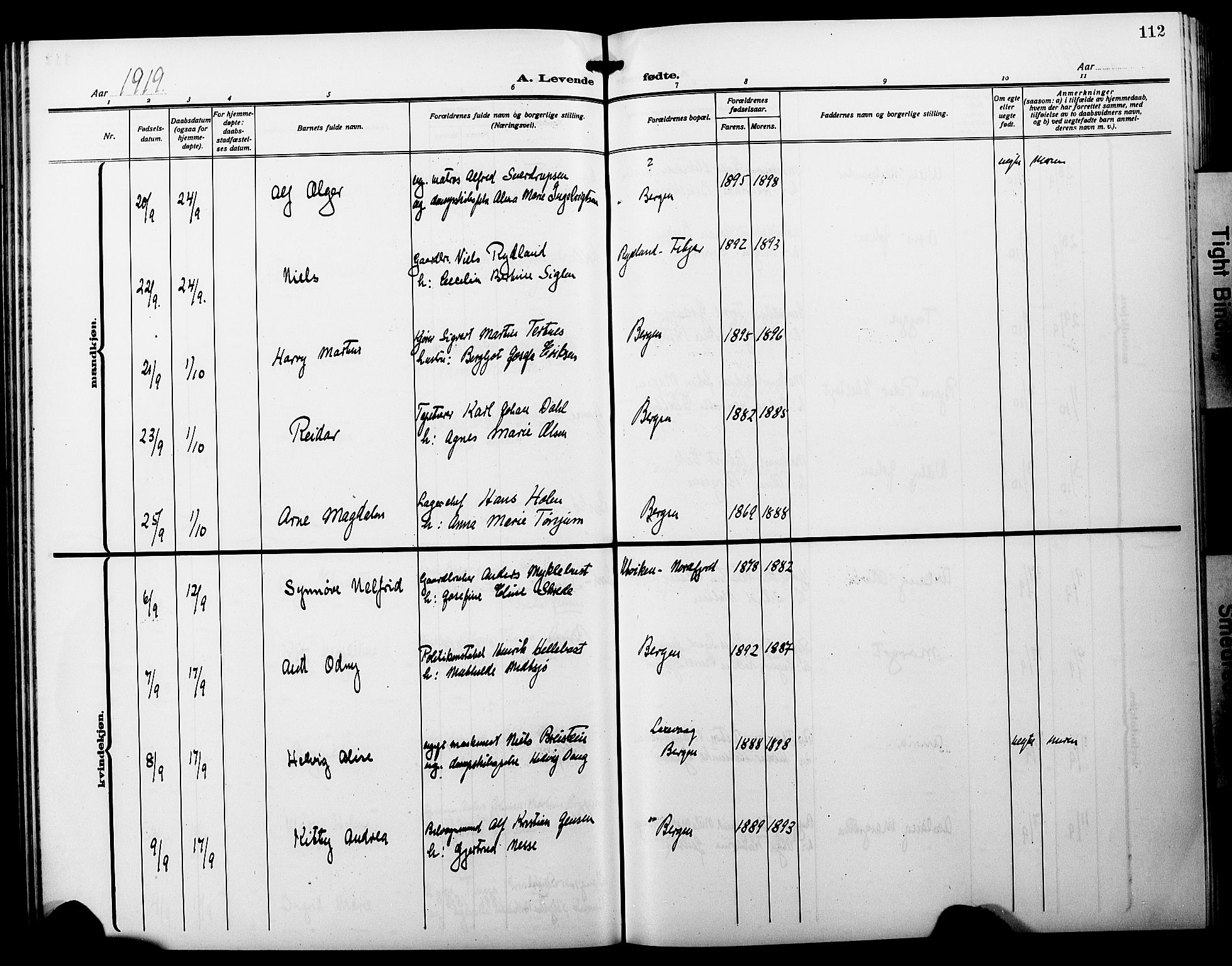 Fødselsstiftelsens sokneprestembete*, SAB/-: Parish register (copy) no. A 3, 1916-1925, p. 112