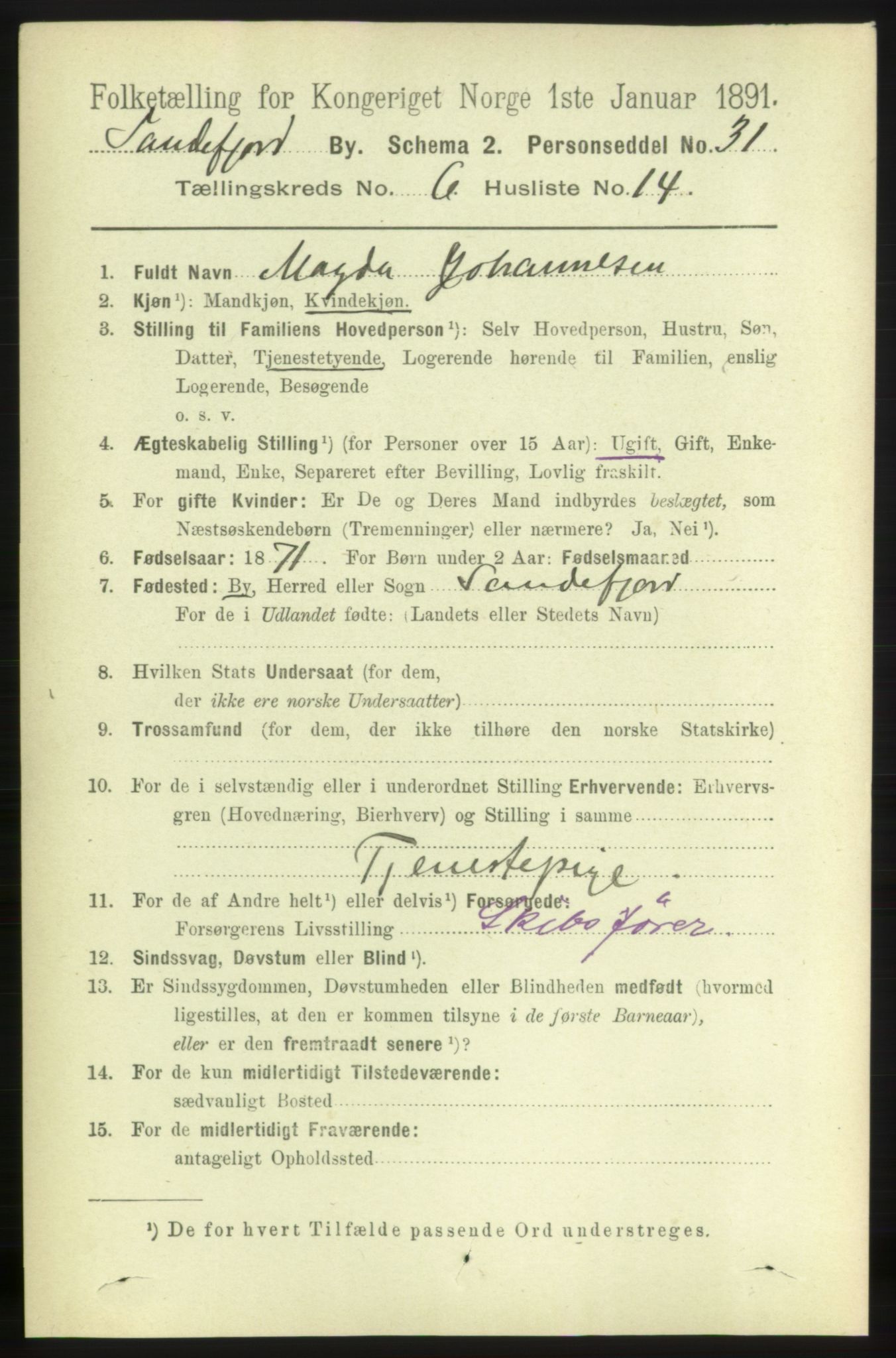 RA, 1891 census for 0706 Sandefjord, 1891, p. 2498